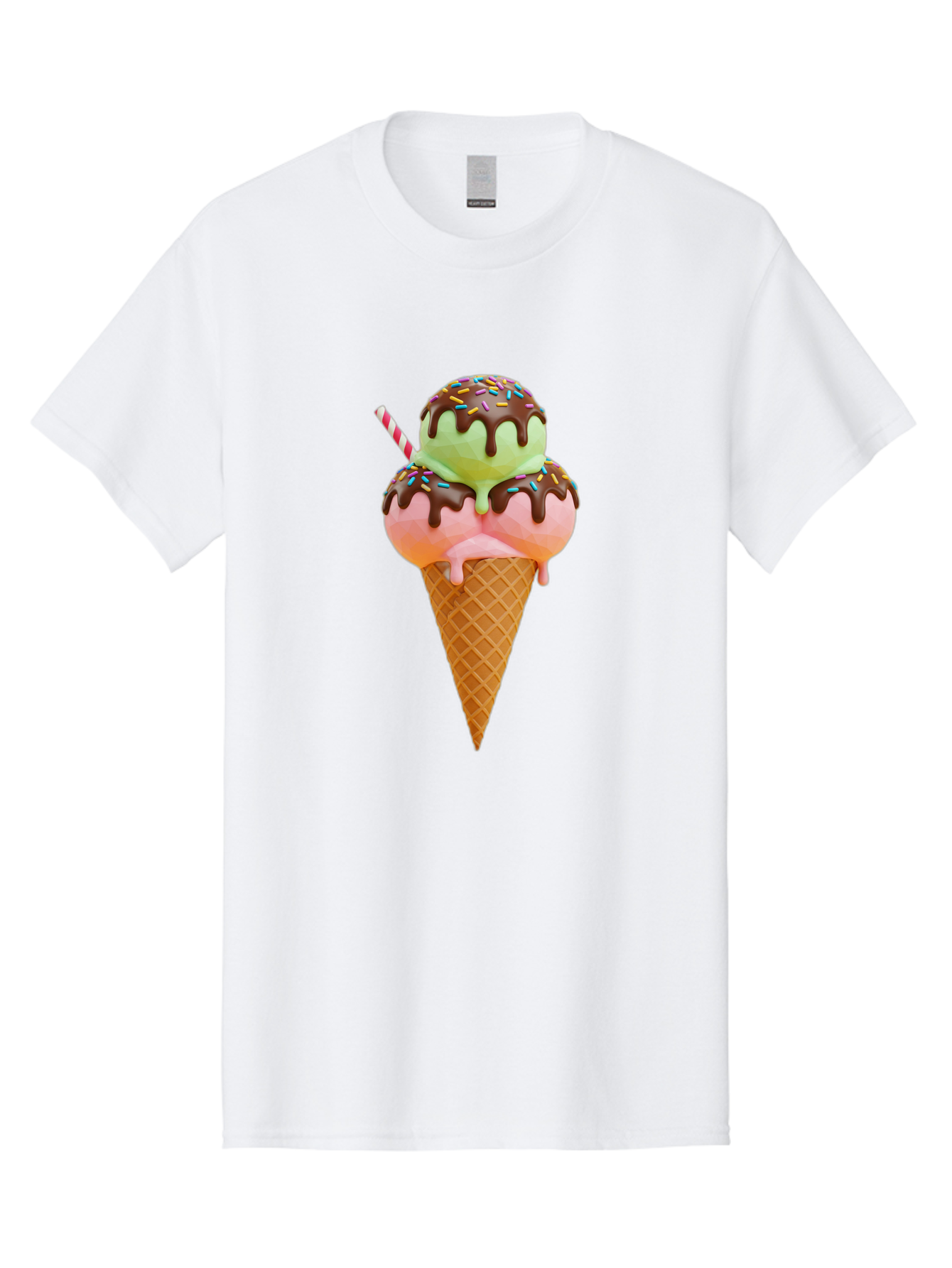 Double-Scoop-Ice-Cream Men'S Graphic Tee, 100% Cotton, Comfortable Casual Summer Wear, Machine Washable, Double Scoop Ice Cream, Waffle Cone, Chocolate Sauce, Sprinkles, Cold Treat, Sweet Dessert, Strawberry Ice Cream, Pistachio Ice Cream, Baa548