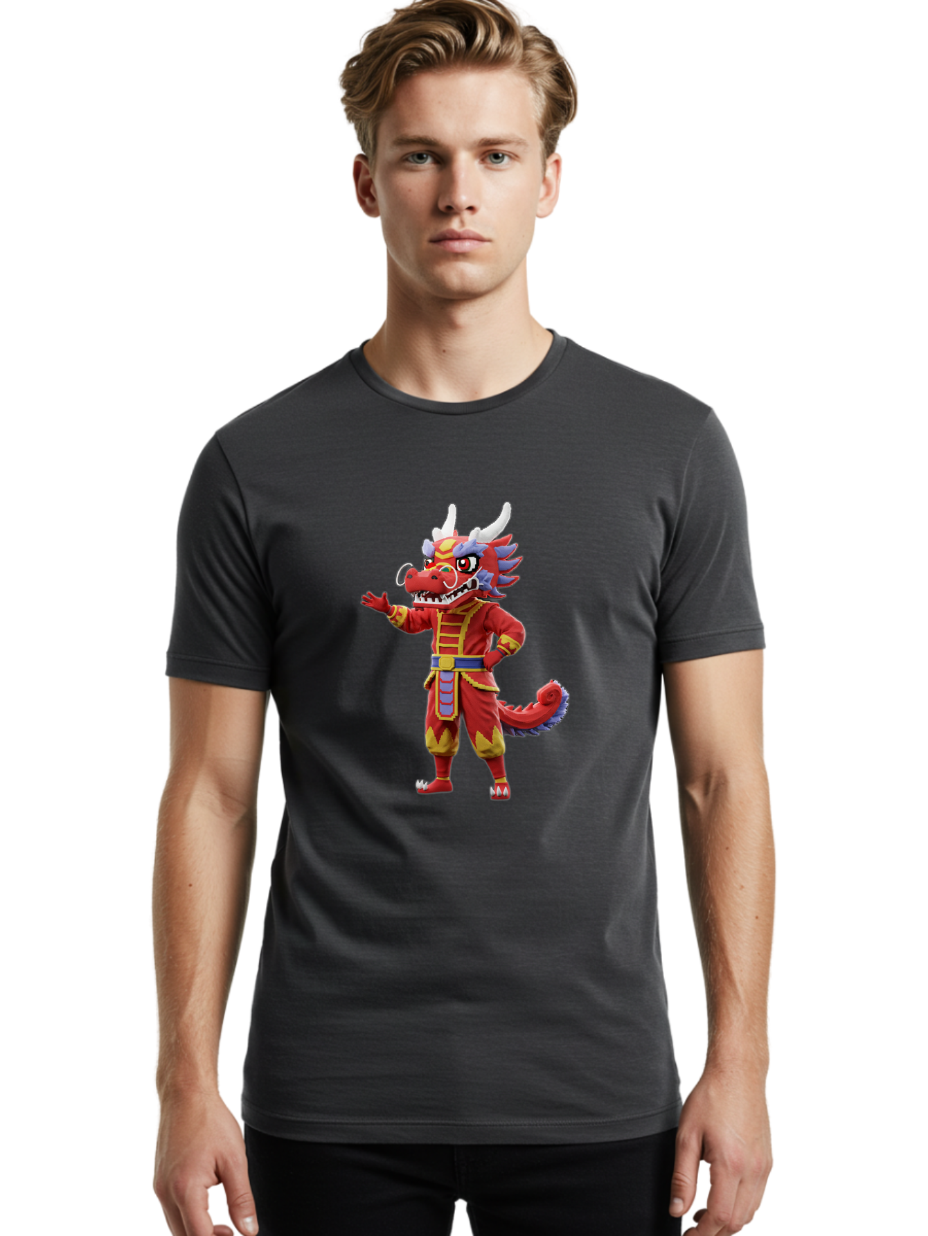 Dragon-Costume Men'S Graphic Tee, 100% Cotton, Comfortable Casual Summer Wear, Machine Washable, Cartoon Red Dragon, Dragon Costume, Chinese New Year, Red And Gold, Mythical Creature, Animated Character, Fantasy, Dragon Head, Costume Design, Baa549