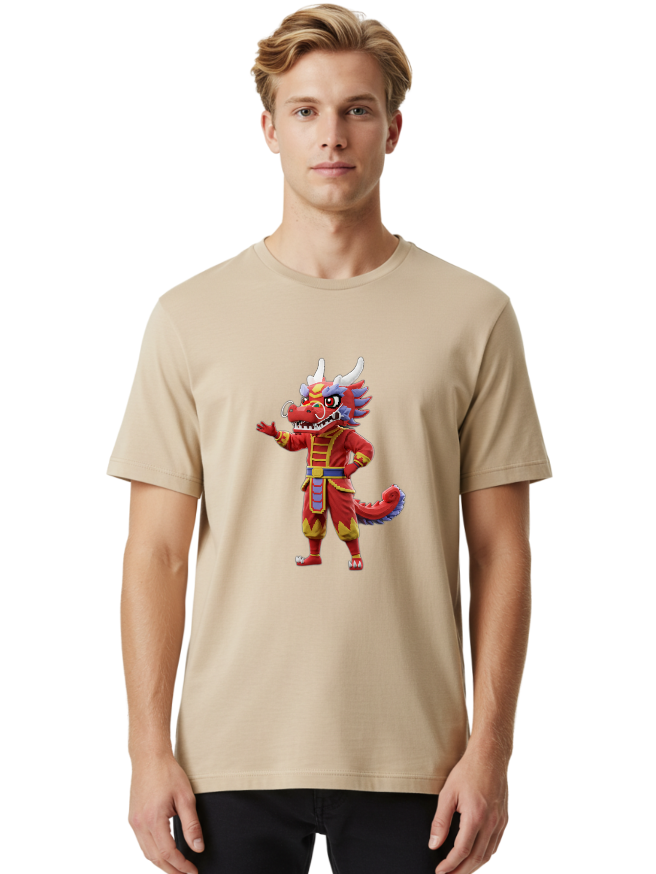 Dragon-Costume Men'S Graphic Tee, 100% Cotton, Comfortable Casual Summer Wear, Machine Washable, Cartoon Red Dragon, Dragon Costume, Chinese New Year, Red And Gold, Mythical Creature, Animated Character, Fantasy, Dragon Head, Costume Design, Baa549