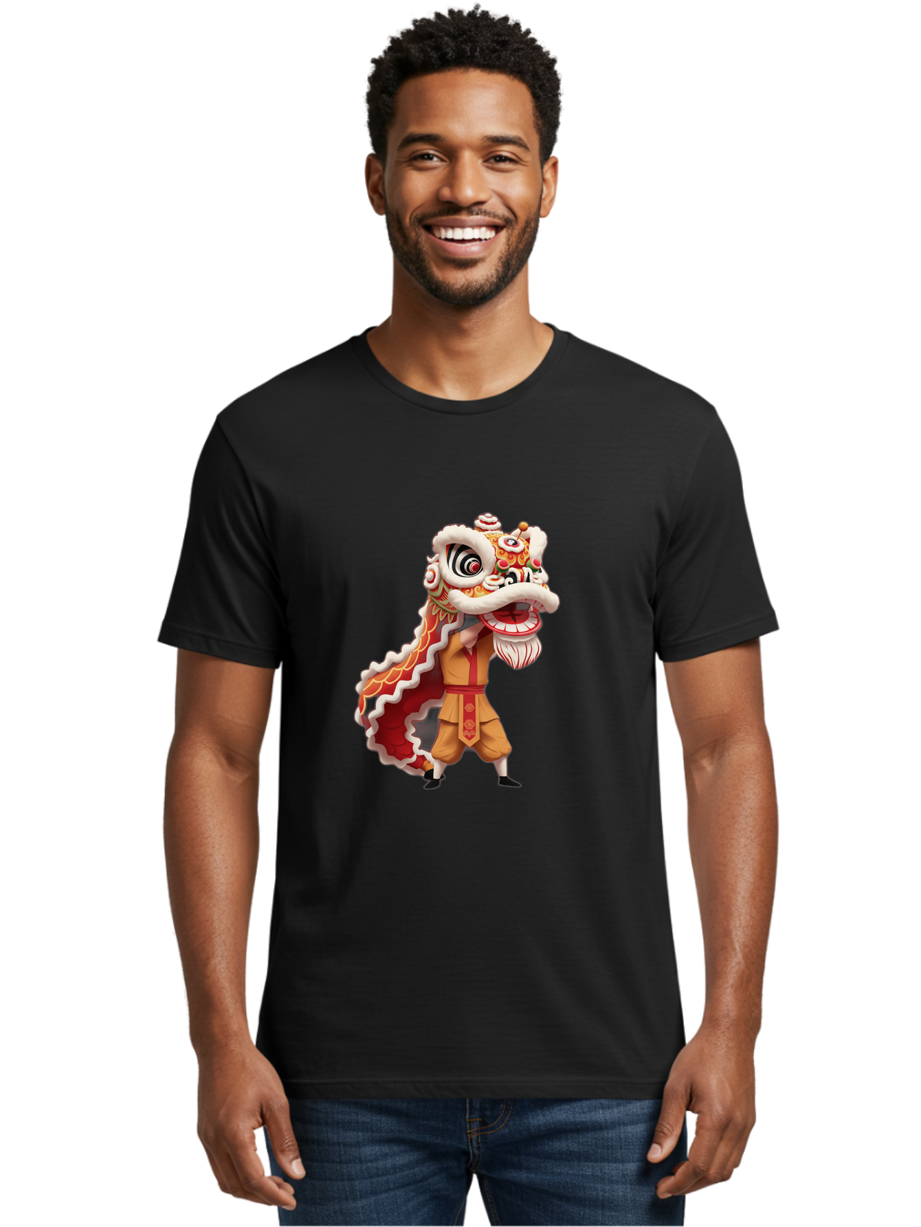 Dragon-Dance-1 Men'S Graphic Tee, 100% Cotton, Comfortable Casual Summer Wear, Machine Washable, Lion Dance Performance, Traditional Chinese Culture, Festive Atmosphere, Vibrant Colors, Energetic Dancer, Cultural Heritage, Baa550