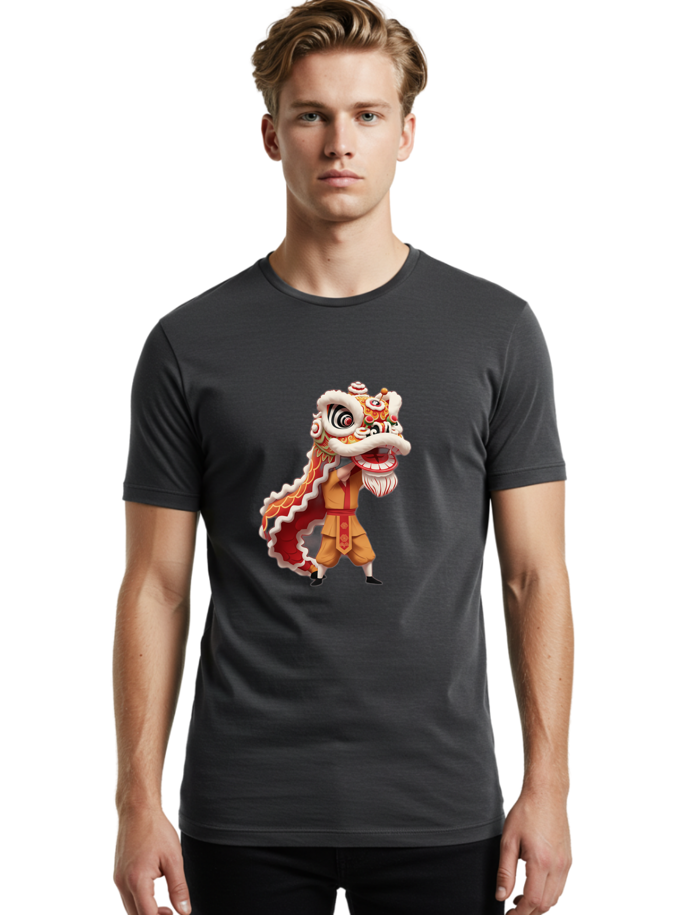 Dragon-Dance-1 Men'S Graphic Tee, 100% Cotton, Comfortable Casual Summer Wear, Machine Washable, Lion Dance Performance, Traditional Chinese Culture, Festive Atmosphere, Vibrant Colors, Energetic Dancer, Cultural Heritage, Baa550