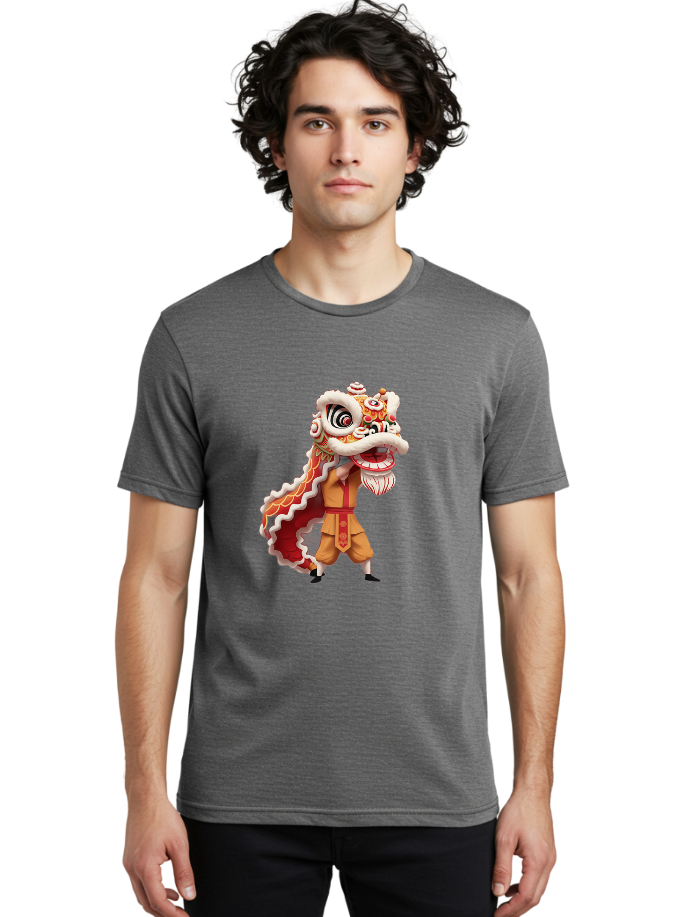 Dragon-Dance-1 Men'S Graphic Tee, 100% Cotton, Comfortable Casual Summer Wear, Machine Washable, Lion Dance Performance, Traditional Chinese Culture, Festive Atmosphere, Vibrant Colors, Energetic Dancer, Cultural Heritage, Baa550