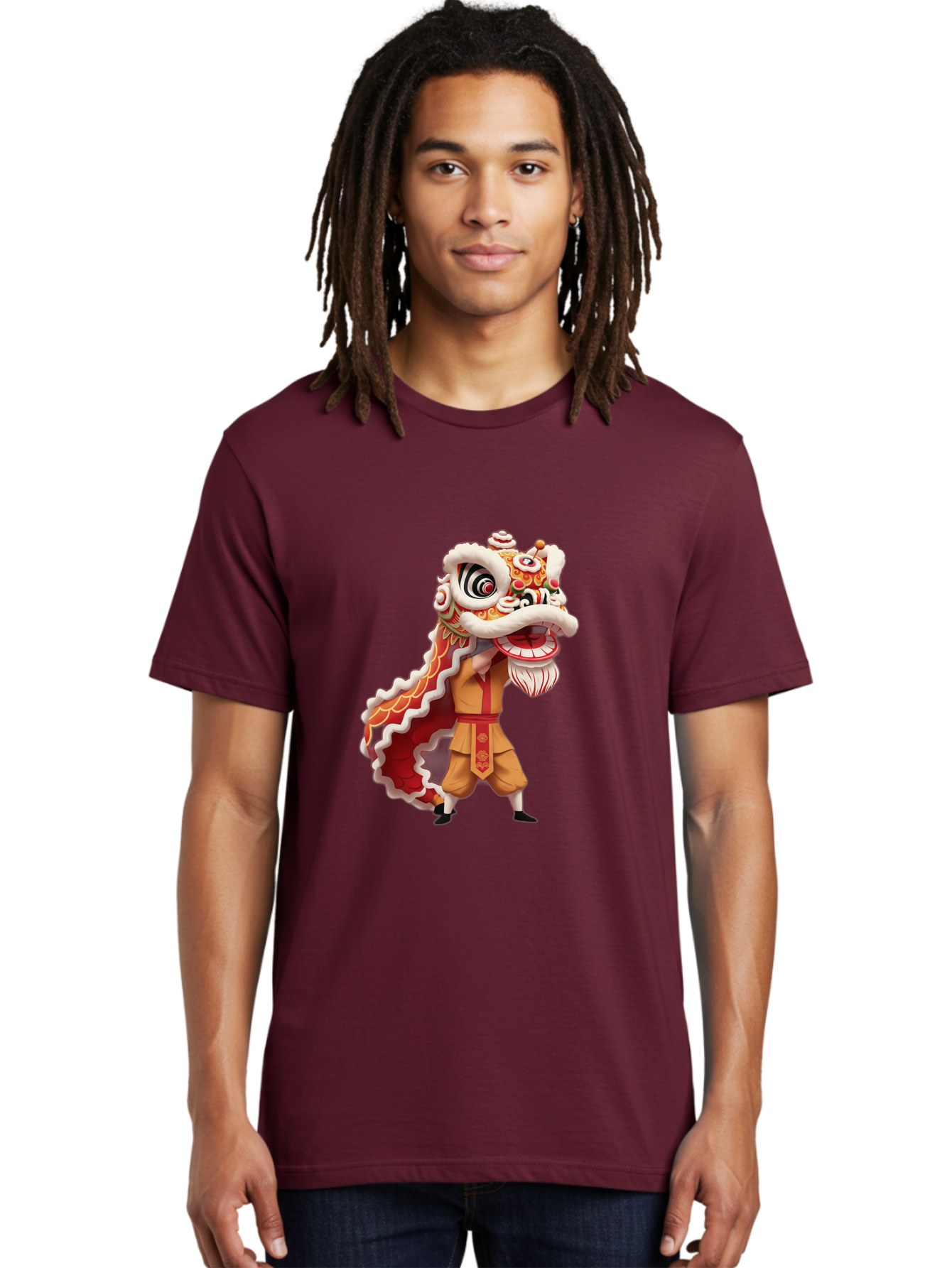 Dragon-Dance-1 Men'S Graphic Tee, 100% Cotton, Comfortable Casual Summer Wear, Machine Washable, Lion Dance Performance, Traditional Chinese Culture, Festive Atmosphere, Vibrant Colors, Energetic Dancer, Cultural Heritage, Baa550