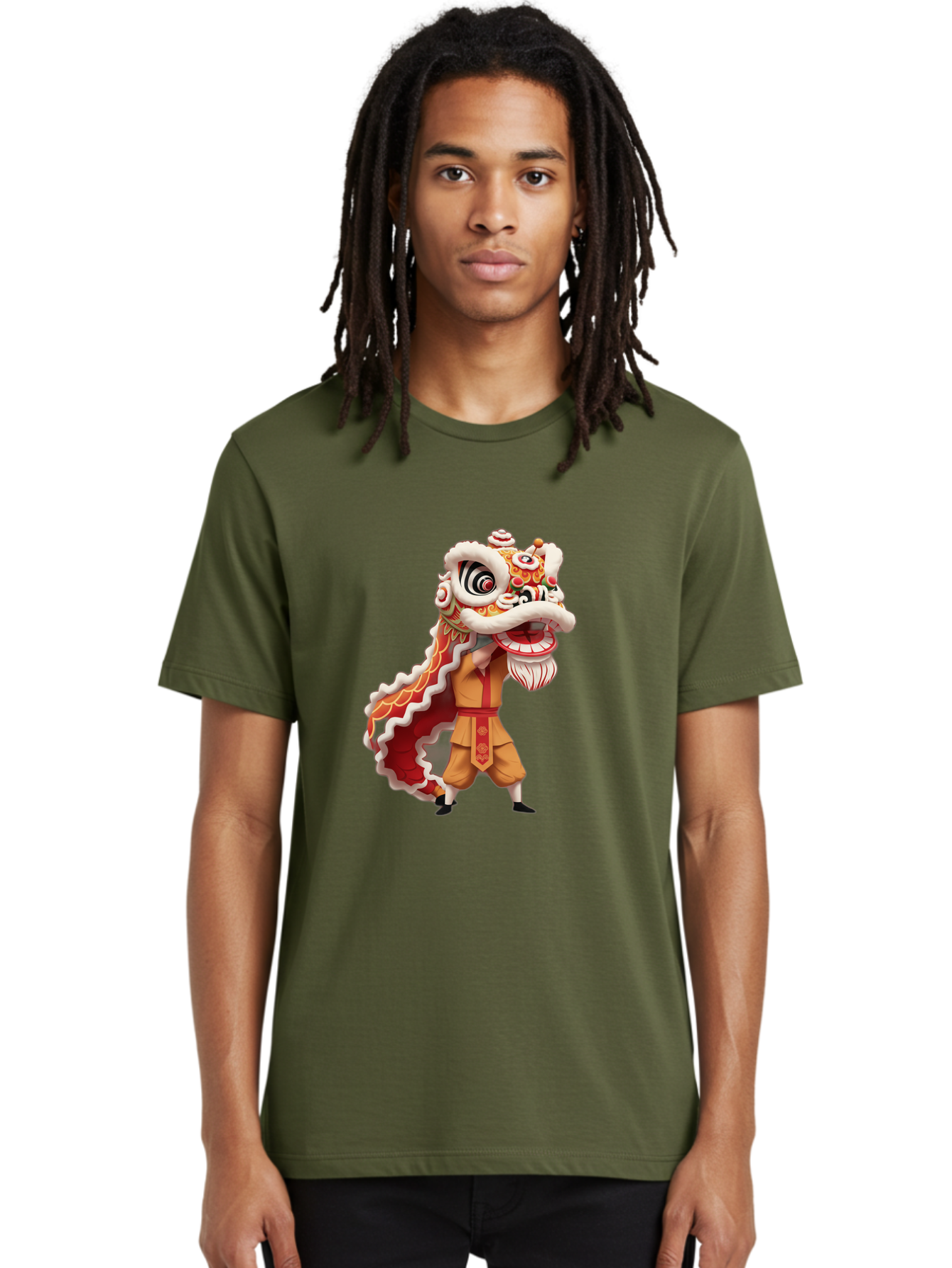 Dragon-Dance-1 Men'S Graphic Tee, 100% Cotton, Comfortable Casual Summer Wear, Machine Washable, Lion Dance Performance, Traditional Chinese Culture, Festive Atmosphere, Vibrant Colors, Energetic Dancer, Cultural Heritage, Baa550