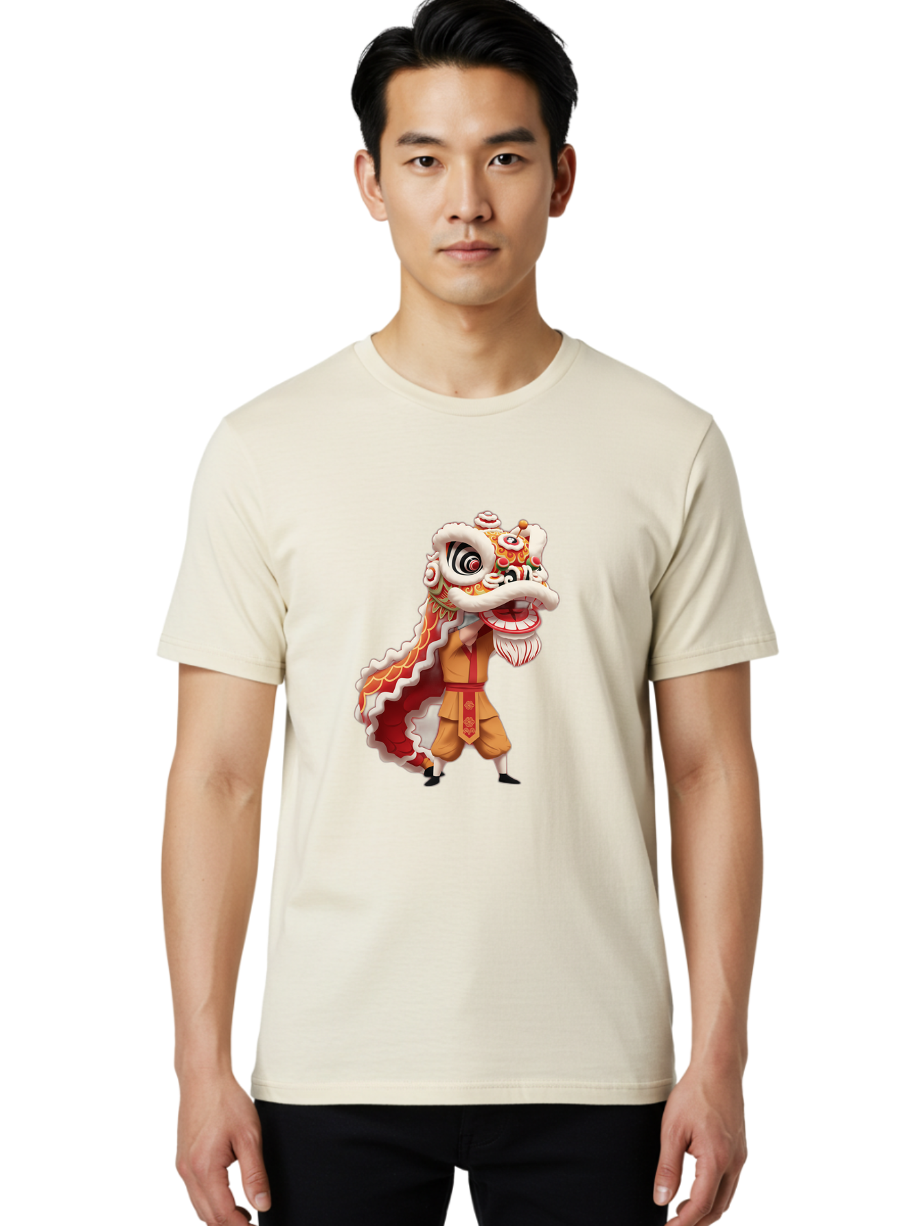Dragon-Dance-1 Men'S Graphic Tee, 100% Cotton, Comfortable Casual Summer Wear, Machine Washable, Lion Dance Performance, Traditional Chinese Culture, Festive Atmosphere, Vibrant Colors, Energetic Dancer, Cultural Heritage, Baa550