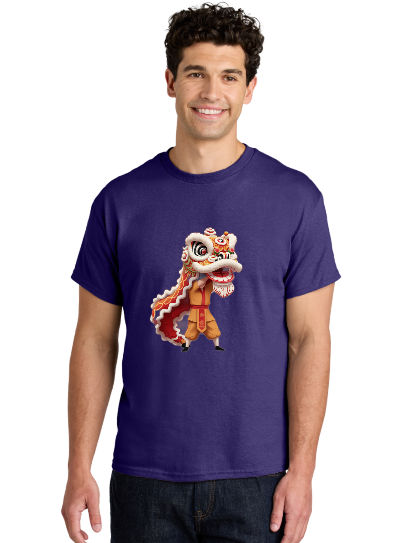 Dragon-Dance-1 Men'S Graphic Tee, 100% Cotton, Comfortable Casual Summer Wear, Machine Washable, Lion Dance Performance, Traditional Chinese Culture, Festive Atmosphere, Vibrant Colors, Energetic Dancer, Cultural Heritage, Baa550