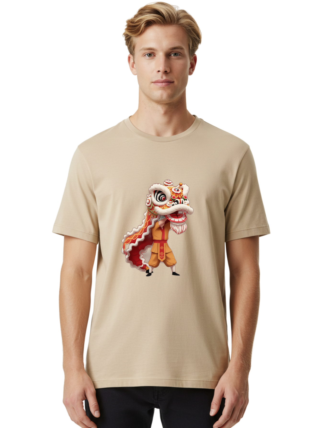Dragon-Dance-1 Men'S Graphic Tee, 100% Cotton, Comfortable Casual Summer Wear, Machine Washable, Lion Dance Performance, Traditional Chinese Culture, Festive Atmosphere, Vibrant Colors, Energetic Dancer, Cultural Heritage, Baa550