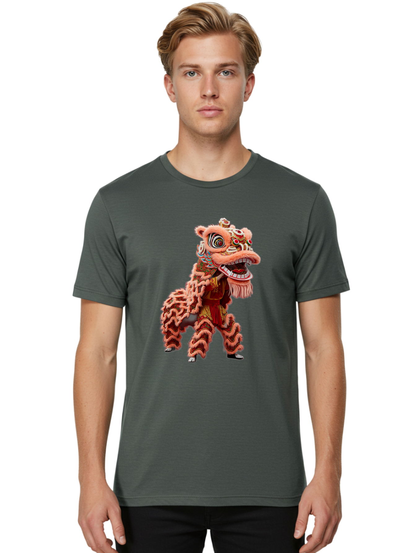 Dragon-Dance-2 Men'S Graphic Tee, 100% Cotton, Comfortable Casual Summer Wear, Machine Washable, Traditional Lion Dance, Cultural Heritage, Chinese New Year, Festive Decorations, Vibrant Colors, Mythical Creature, Dynamic Pose, Baa551