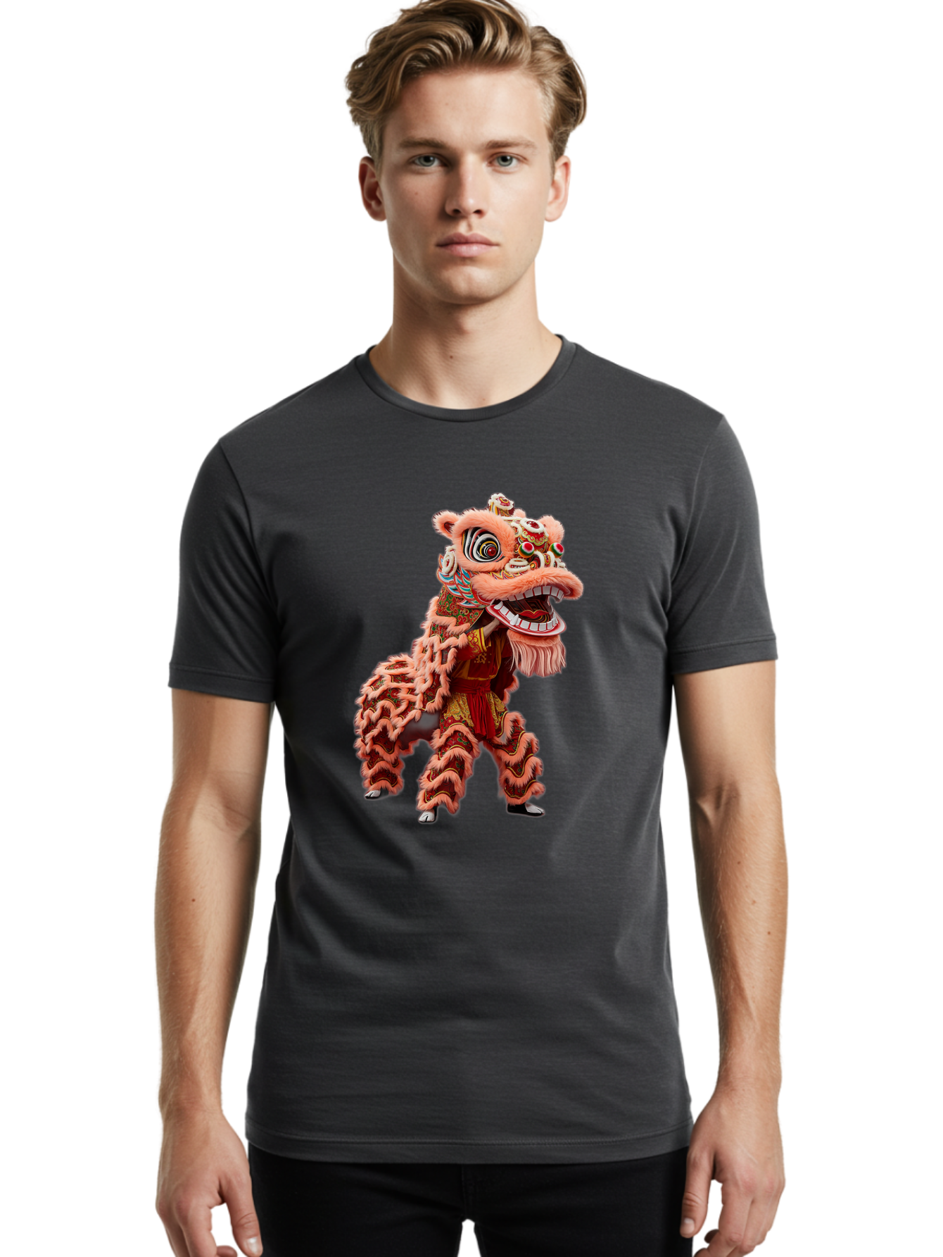 Dragon-Dance-2 Men'S Graphic Tee, 100% Cotton, Comfortable Casual Summer Wear, Machine Washable, Traditional Lion Dance, Cultural Heritage, Chinese New Year, Festive Decorations, Vibrant Colors, Mythical Creature, Dynamic Pose, Baa551