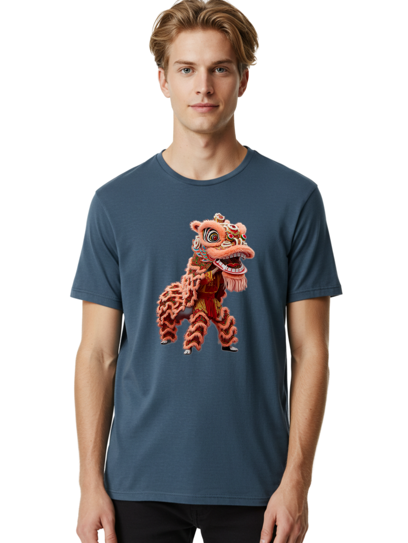 Dragon-Dance-2 Men'S Graphic Tee, 100% Cotton, Comfortable Casual Summer Wear, Machine Washable, Traditional Lion Dance, Cultural Heritage, Chinese New Year, Festive Decorations, Vibrant Colors, Mythical Creature, Dynamic Pose, Baa551