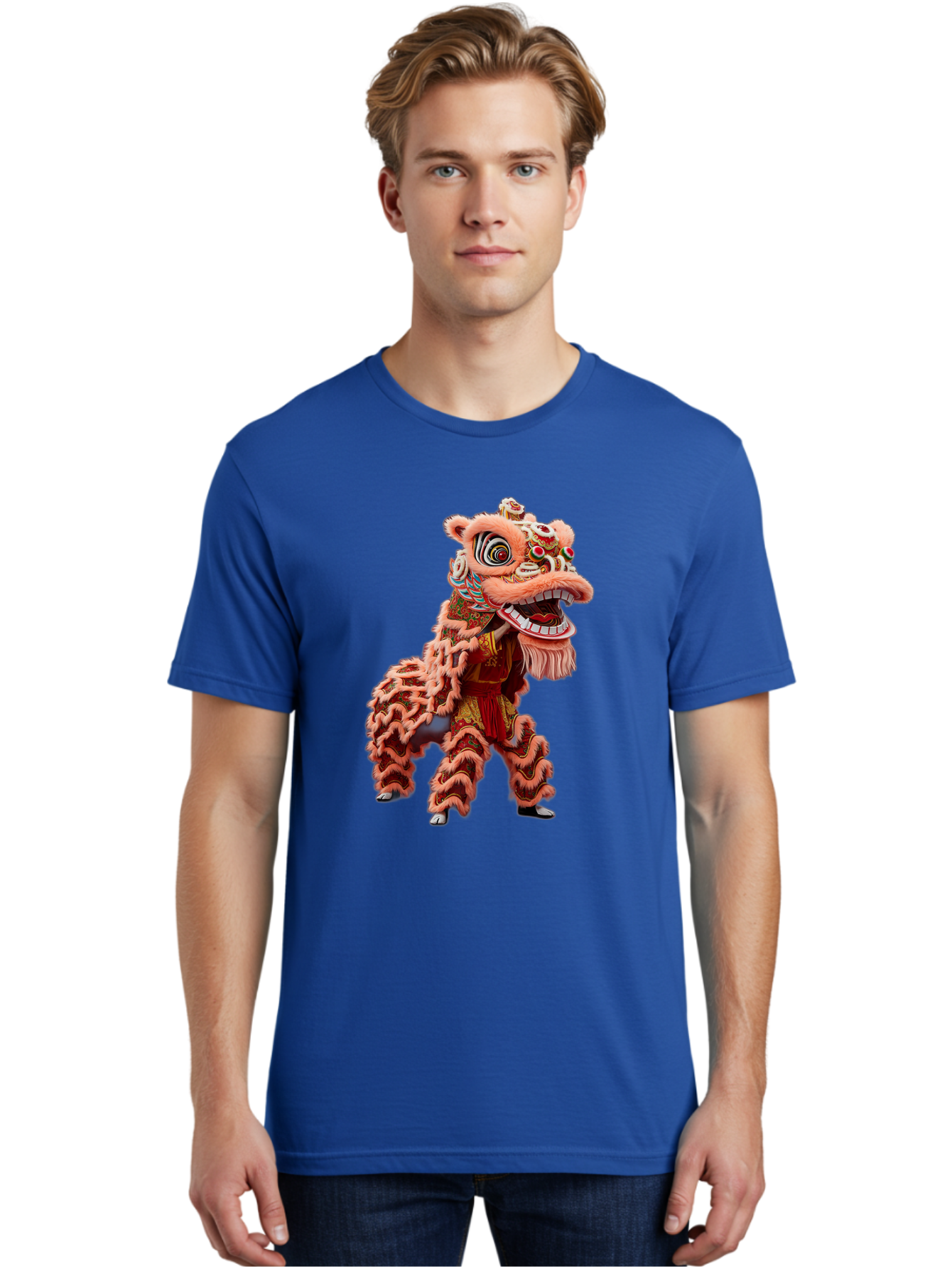 Dragon-Dance-2 Men'S Graphic Tee, 100% Cotton, Comfortable Casual Summer Wear, Machine Washable, Traditional Lion Dance, Cultural Heritage, Chinese New Year, Festive Decorations, Vibrant Colors, Mythical Creature, Dynamic Pose, Baa551