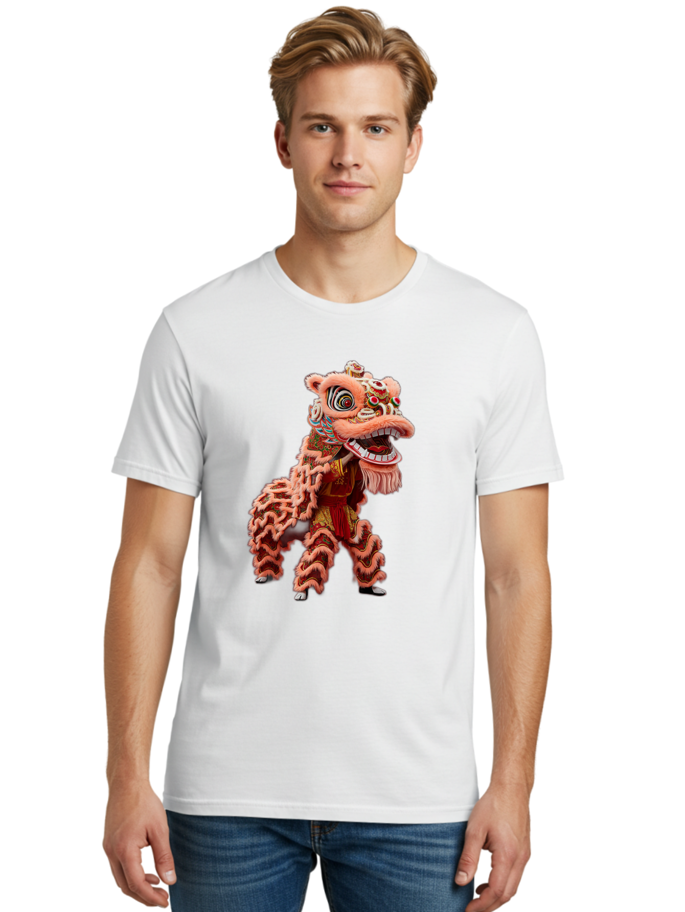 Dragon-Dance-2 Men'S Graphic Tee, 100% Cotton, Comfortable Casual Summer Wear, Machine Washable, Traditional Lion Dance, Cultural Heritage, Chinese New Year, Festive Decorations, Vibrant Colors, Mythical Creature, Dynamic Pose, Baa551