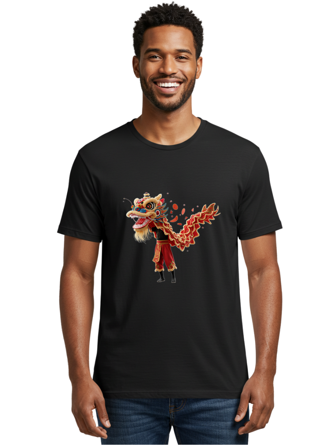 Dragon-Dance-Costume-1 Men'S Graphic Tee, 100% Cotton, Comfortable Casual Summer Wear, Machine Washable, Lion Dance Performance, Traditional Chinese Dance, Cultural Heritage, Vibrant Red Costume, Gold Accents, Festive Atmosphere, Baa552