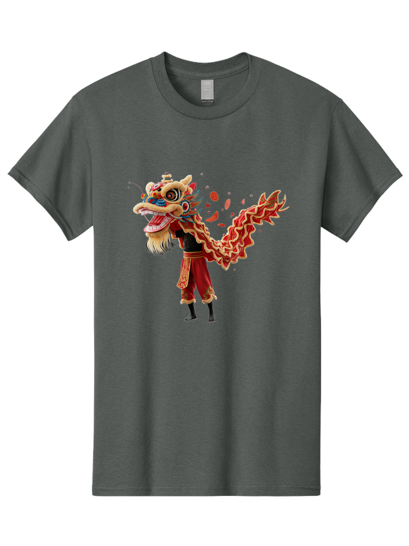 Dragon-Dance-Costume-1 Men'S Graphic Tee, 100% Cotton, Comfortable Casual Summer Wear, Machine Washable, Lion Dance Performance, Traditional Chinese Dance, Cultural Heritage, Vibrant Red Costume, Gold Accents, Festive Atmosphere, Baa552