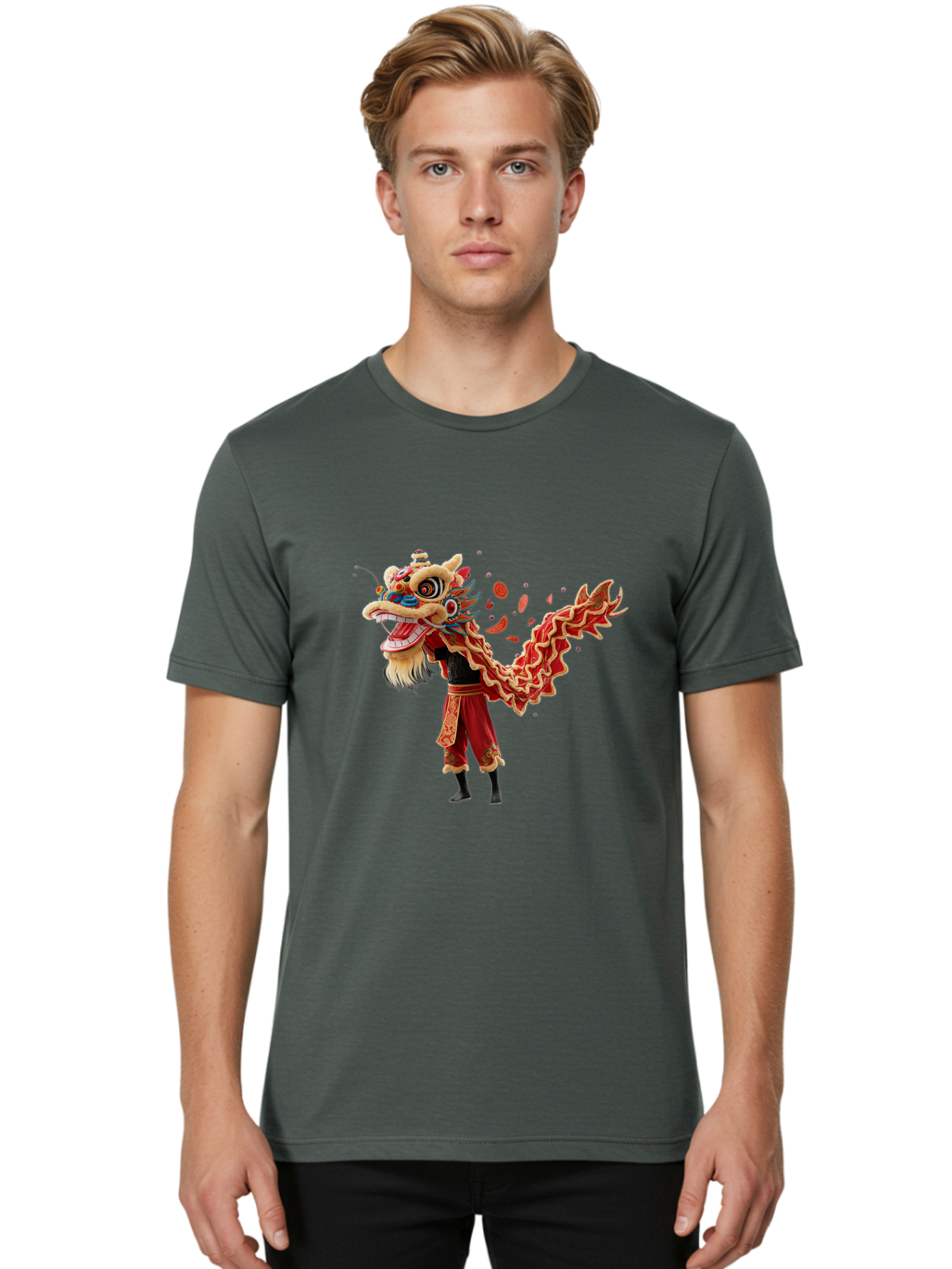Dragon-Dance-Costume-1 Men'S Graphic Tee, 100% Cotton, Comfortable Casual Summer Wear, Machine Washable, Lion Dance Performance, Traditional Chinese Dance, Cultural Heritage, Vibrant Red Costume, Gold Accents, Festive Atmosphere, Baa552