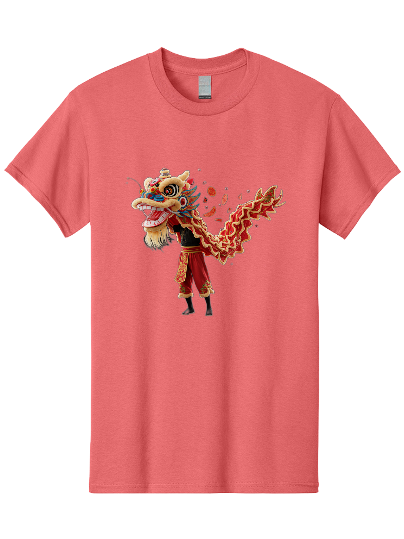 Dragon-Dance-Costume-1 Men'S Graphic Tee, 100% Cotton, Comfortable Casual Summer Wear, Machine Washable, Lion Dance Performance, Traditional Chinese Dance, Cultural Heritage, Vibrant Red Costume, Gold Accents, Festive Atmosphere, Baa552