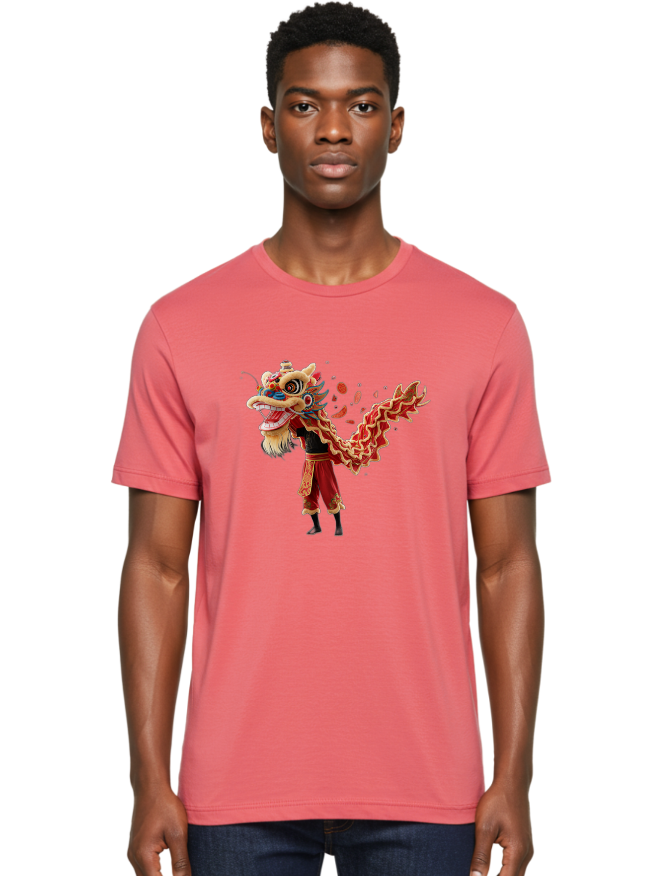 Dragon-Dance-Costume-1 Men'S Graphic Tee, 100% Cotton, Comfortable Casual Summer Wear, Machine Washable, Lion Dance Performance, Traditional Chinese Dance, Cultural Heritage, Vibrant Red Costume, Gold Accents, Festive Atmosphere, Baa552