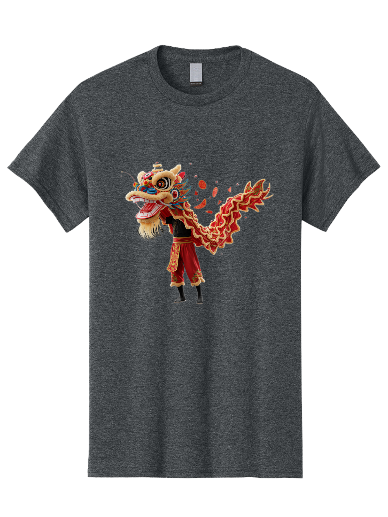 Dragon-Dance-Costume-1 Men'S Graphic Tee, 100% Cotton, Comfortable Casual Summer Wear, Machine Washable, Lion Dance Performance, Traditional Chinese Dance, Cultural Heritage, Vibrant Red Costume, Gold Accents, Festive Atmosphere, Baa552