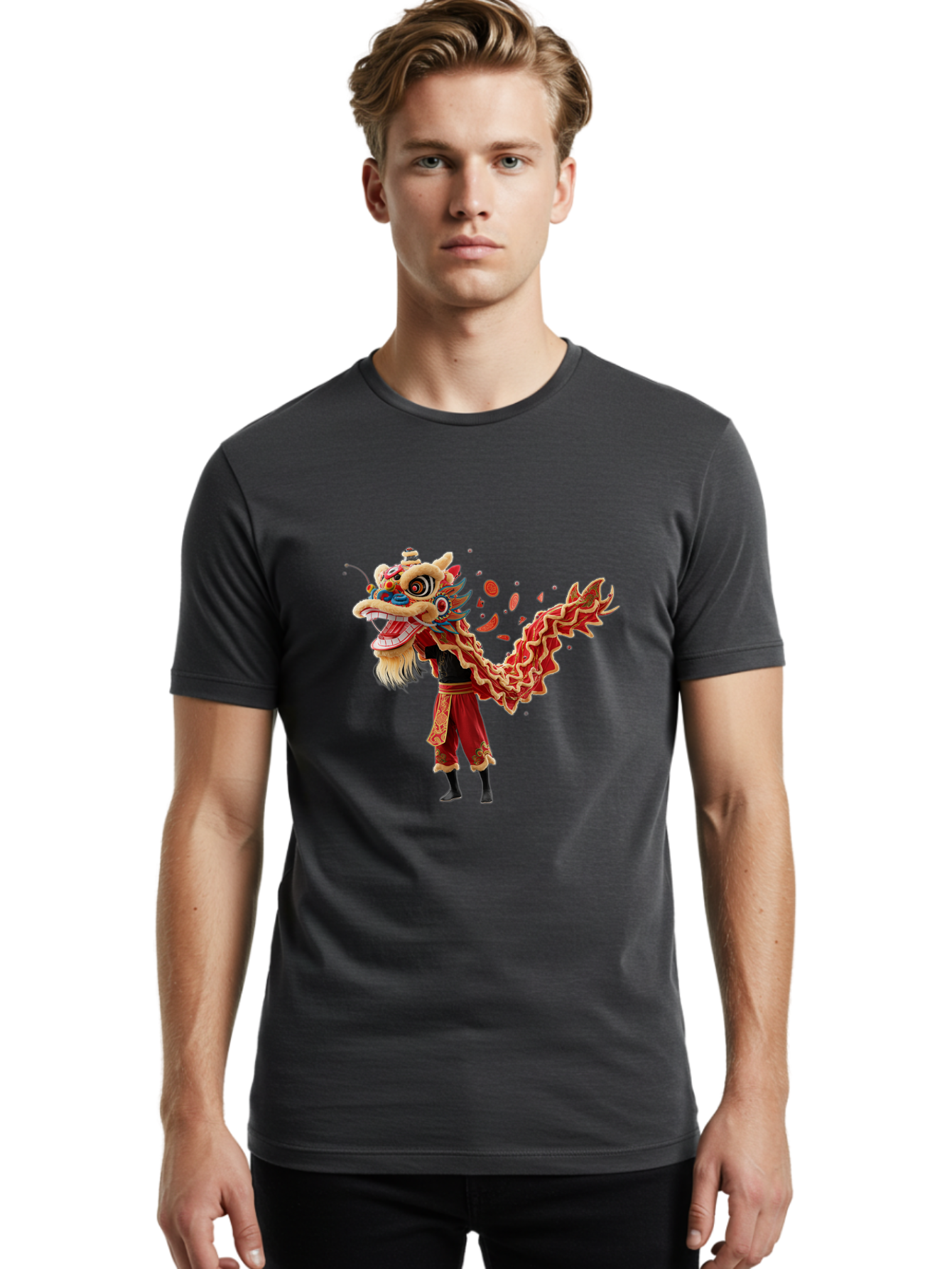 Dragon-Dance-Costume-1 Men'S Graphic Tee, 100% Cotton, Comfortable Casual Summer Wear, Machine Washable, Lion Dance Performance, Traditional Chinese Dance, Cultural Heritage, Vibrant Red Costume, Gold Accents, Festive Atmosphere, Baa552
