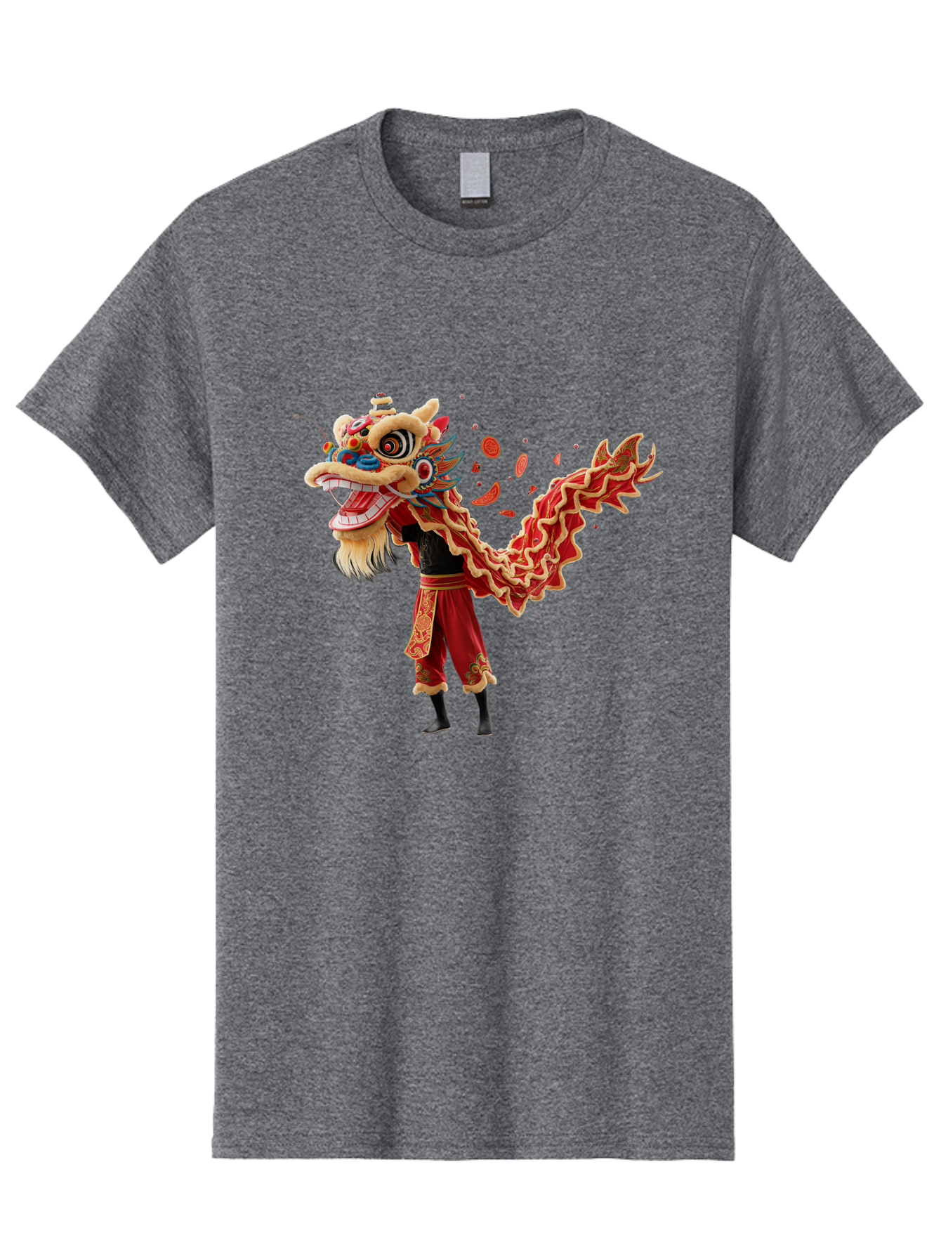 Dragon-Dance-Costume-1 Men'S Graphic Tee, 100% Cotton, Comfortable Casual Summer Wear, Machine Washable, Lion Dance Performance, Traditional Chinese Dance, Cultural Heritage, Vibrant Red Costume, Gold Accents, Festive Atmosphere, Baa552