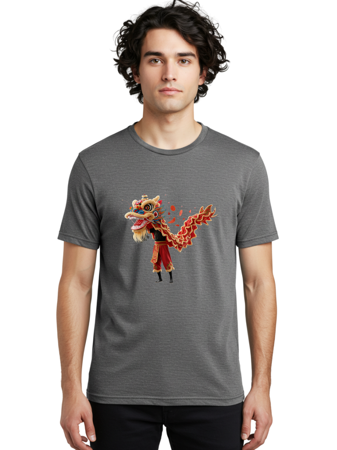 Dragon-Dance-Costume-1 Men'S Graphic Tee, 100% Cotton, Comfortable Casual Summer Wear, Machine Washable, Lion Dance Performance, Traditional Chinese Dance, Cultural Heritage, Vibrant Red Costume, Gold Accents, Festive Atmosphere, Baa552