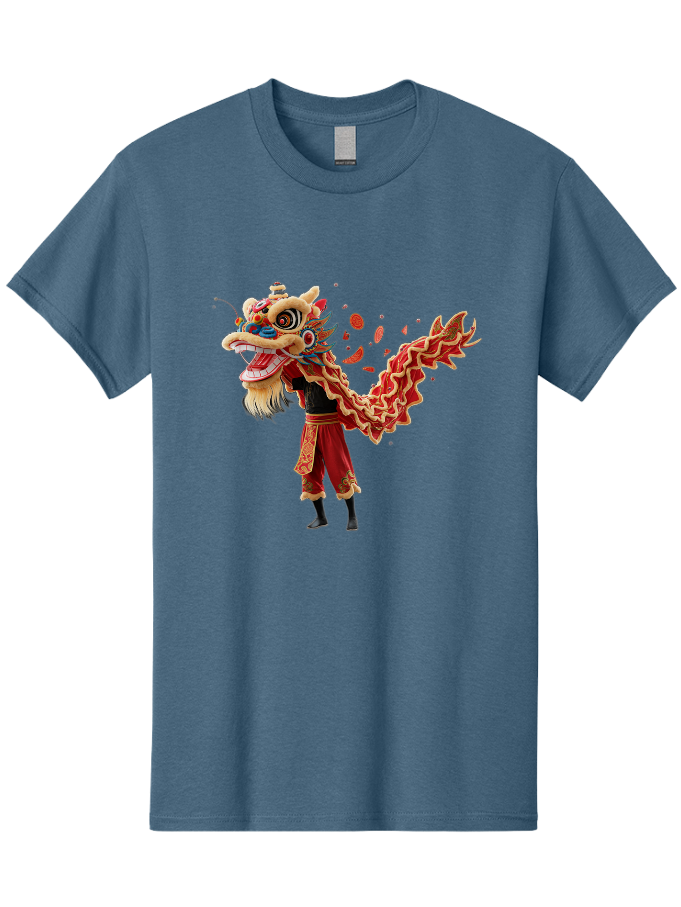 Dragon-Dance-Costume-1 Men'S Graphic Tee, 100% Cotton, Comfortable Casual Summer Wear, Machine Washable, Lion Dance Performance, Traditional Chinese Dance, Cultural Heritage, Vibrant Red Costume, Gold Accents, Festive Atmosphere, Baa552