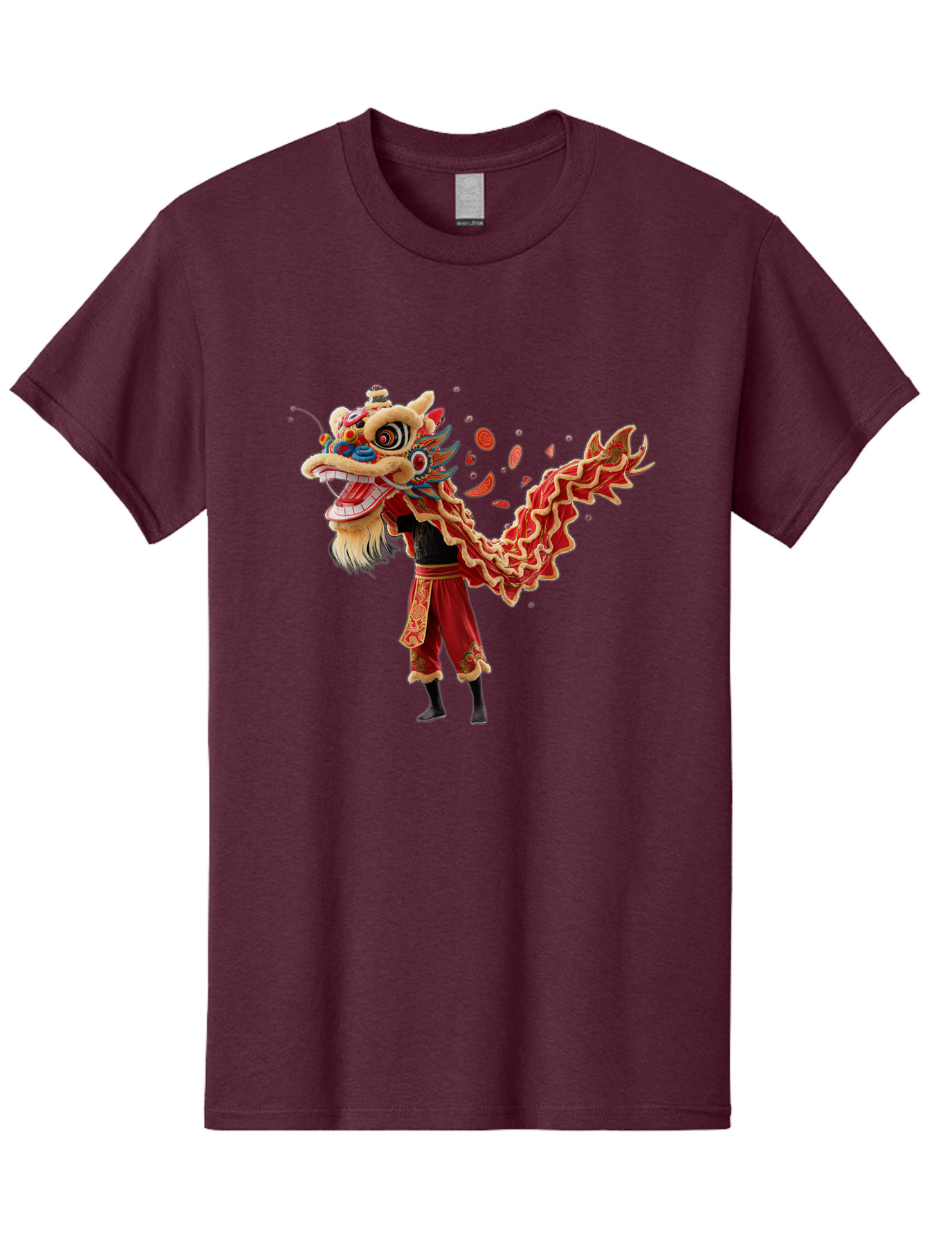 Dragon-Dance-Costume-1 Men'S Graphic Tee, 100% Cotton, Comfortable Casual Summer Wear, Machine Washable, Lion Dance Performance, Traditional Chinese Dance, Cultural Heritage, Vibrant Red Costume, Gold Accents, Festive Atmosphere, Baa552