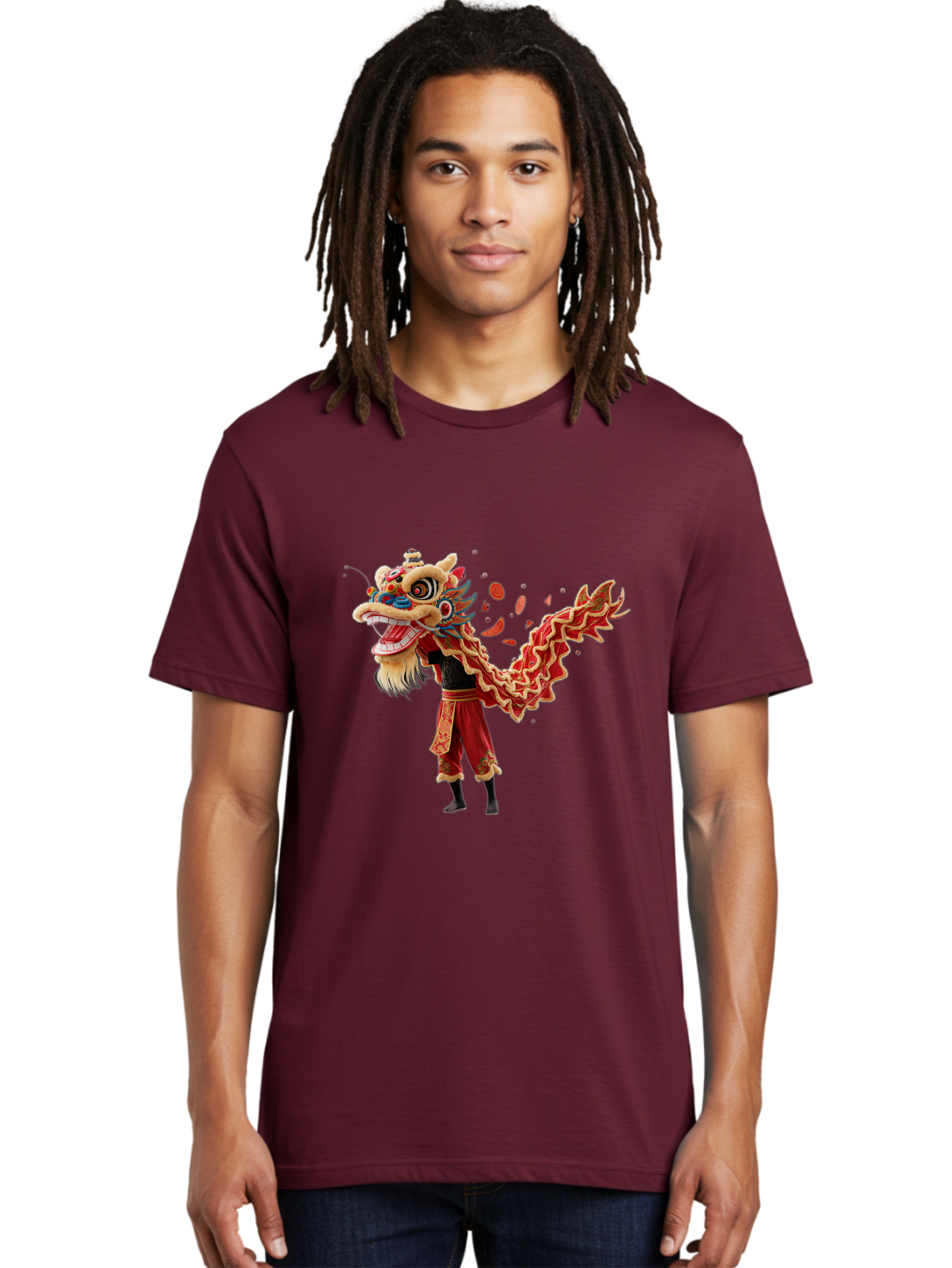 Dragon-Dance-Costume-1 Men'S Graphic Tee, 100% Cotton, Comfortable Casual Summer Wear, Machine Washable, Lion Dance Performance, Traditional Chinese Dance, Cultural Heritage, Vibrant Red Costume, Gold Accents, Festive Atmosphere, Baa552