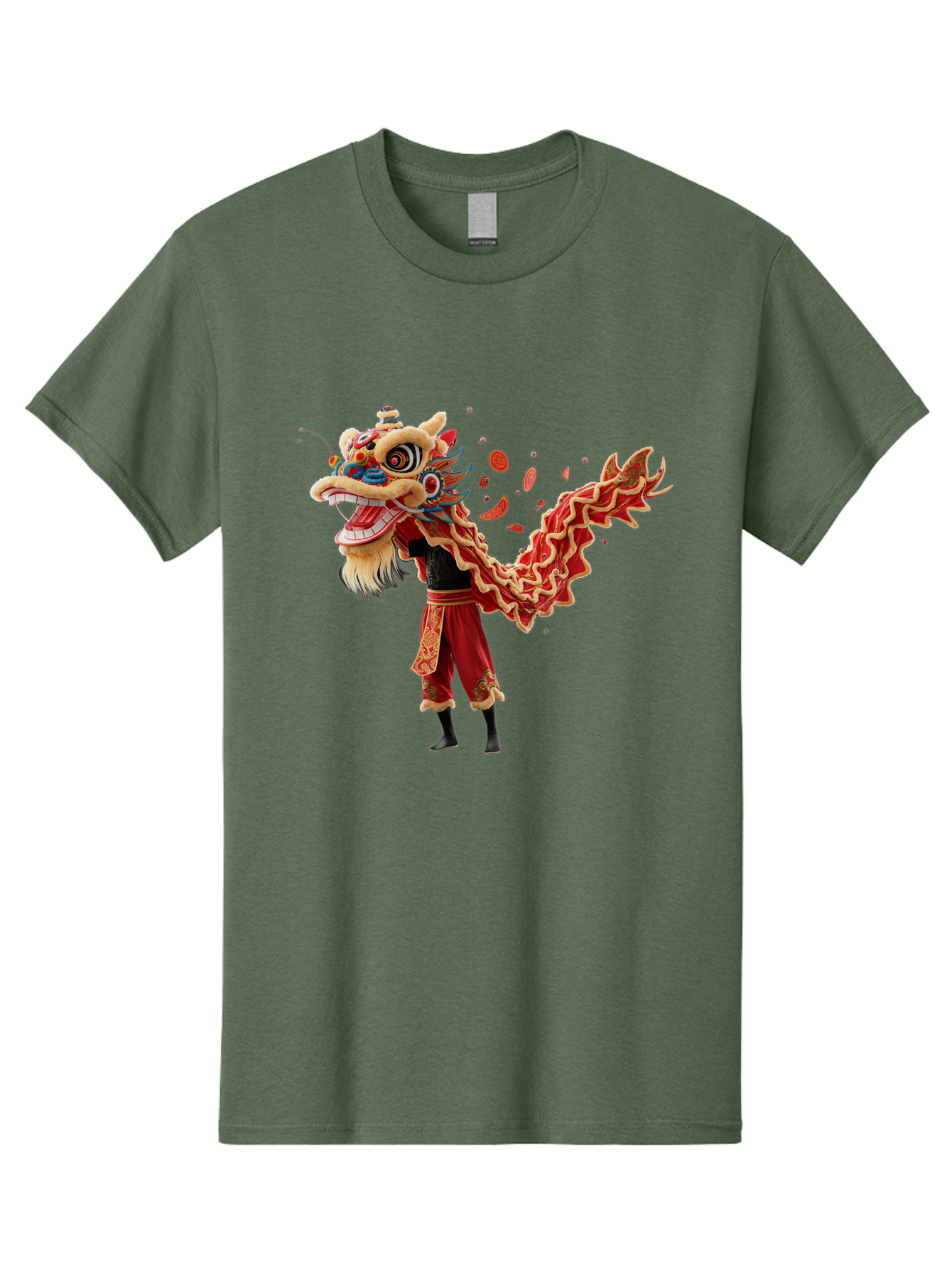Dragon-Dance-Costume-1 Men'S Graphic Tee, 100% Cotton, Comfortable Casual Summer Wear, Machine Washable, Lion Dance Performance, Traditional Chinese Dance, Cultural Heritage, Vibrant Red Costume, Gold Accents, Festive Atmosphere, Baa552
