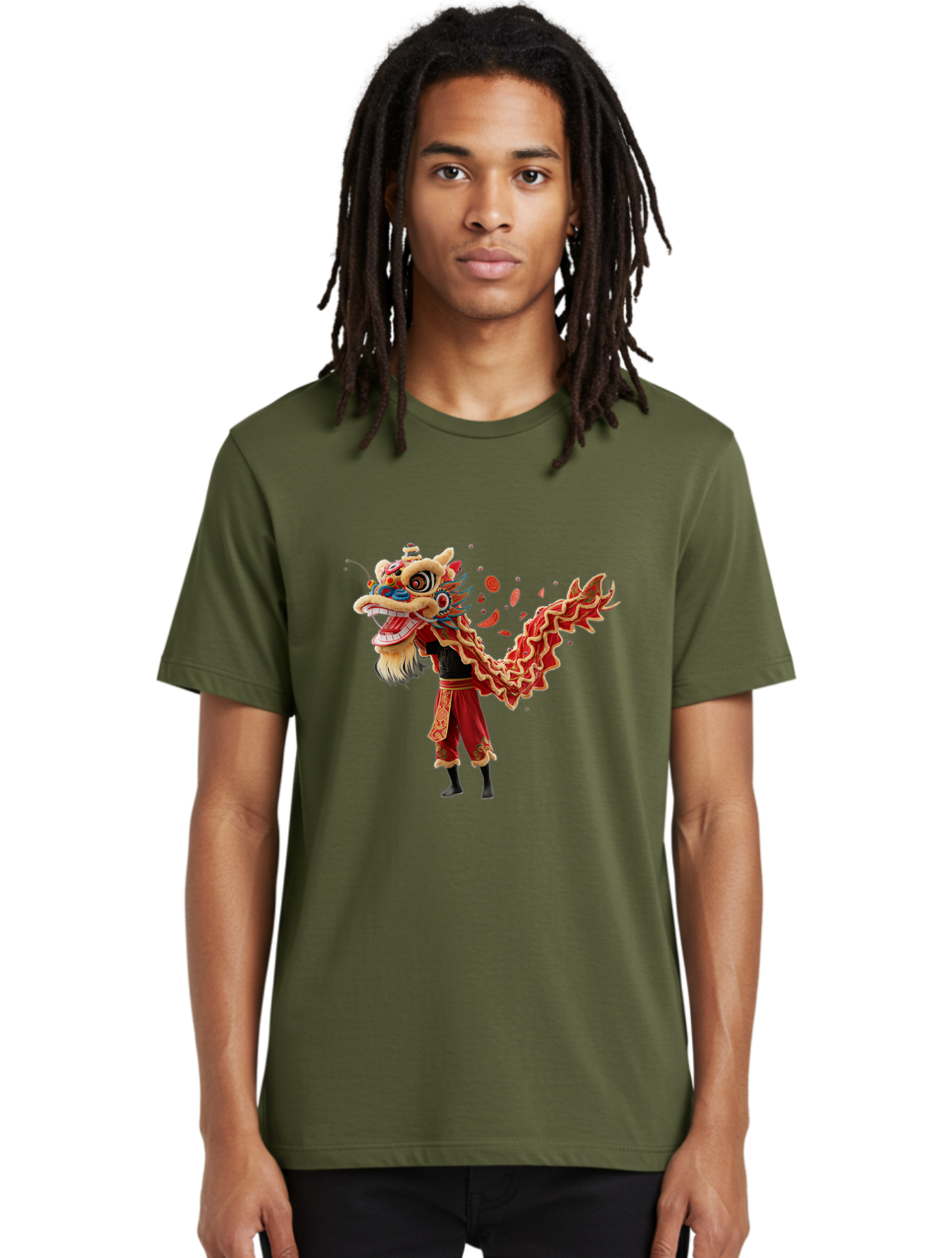 Dragon-Dance-Costume-1 Men'S Graphic Tee, 100% Cotton, Comfortable Casual Summer Wear, Machine Washable, Lion Dance Performance, Traditional Chinese Dance, Cultural Heritage, Vibrant Red Costume, Gold Accents, Festive Atmosphere, Baa552