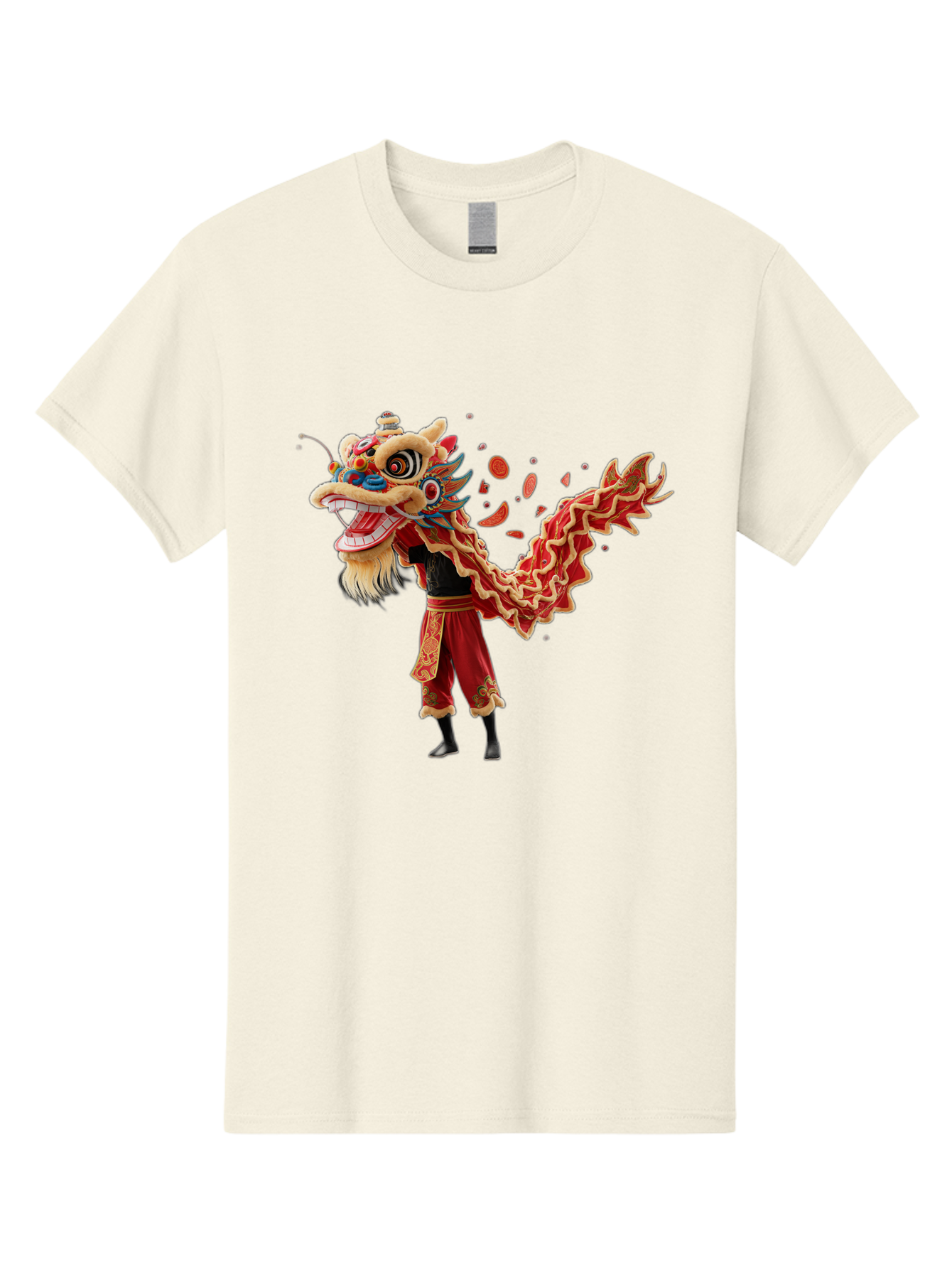 Dragon-Dance-Costume-1 Men'S Graphic Tee, 100% Cotton, Comfortable Casual Summer Wear, Machine Washable, Lion Dance Performance, Traditional Chinese Dance, Cultural Heritage, Vibrant Red Costume, Gold Accents, Festive Atmosphere, Baa552
