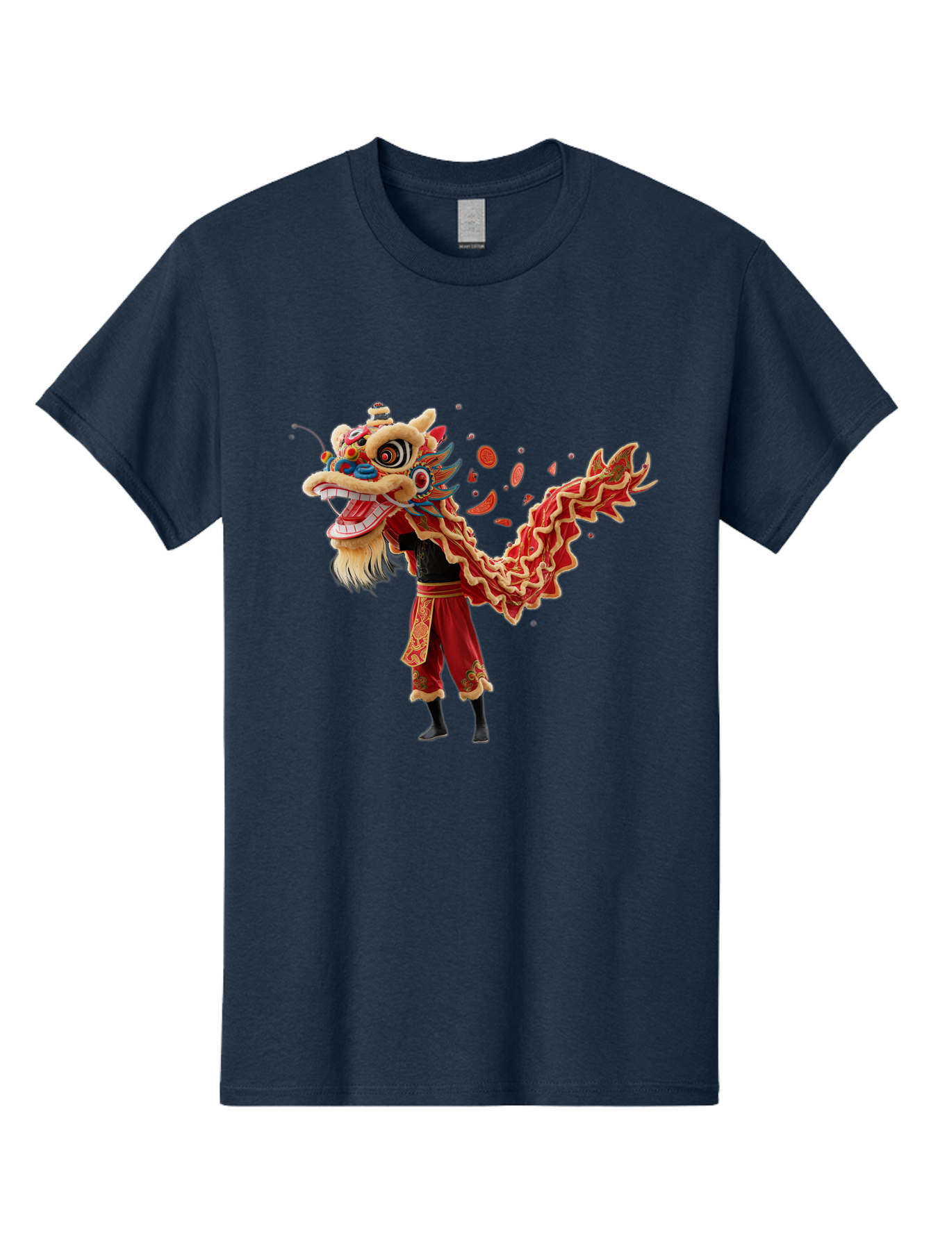 Dragon-Dance-Costume-1 Men'S Graphic Tee, 100% Cotton, Comfortable Casual Summer Wear, Machine Washable, Lion Dance Performance, Traditional Chinese Dance, Cultural Heritage, Vibrant Red Costume, Gold Accents, Festive Atmosphere, Baa552