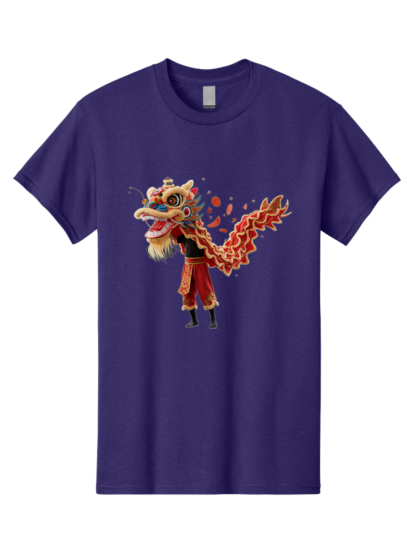 Dragon-Dance-Costume-1 Men'S Graphic Tee, 100% Cotton, Comfortable Casual Summer Wear, Machine Washable, Lion Dance Performance, Traditional Chinese Dance, Cultural Heritage, Vibrant Red Costume, Gold Accents, Festive Atmosphere, Baa552