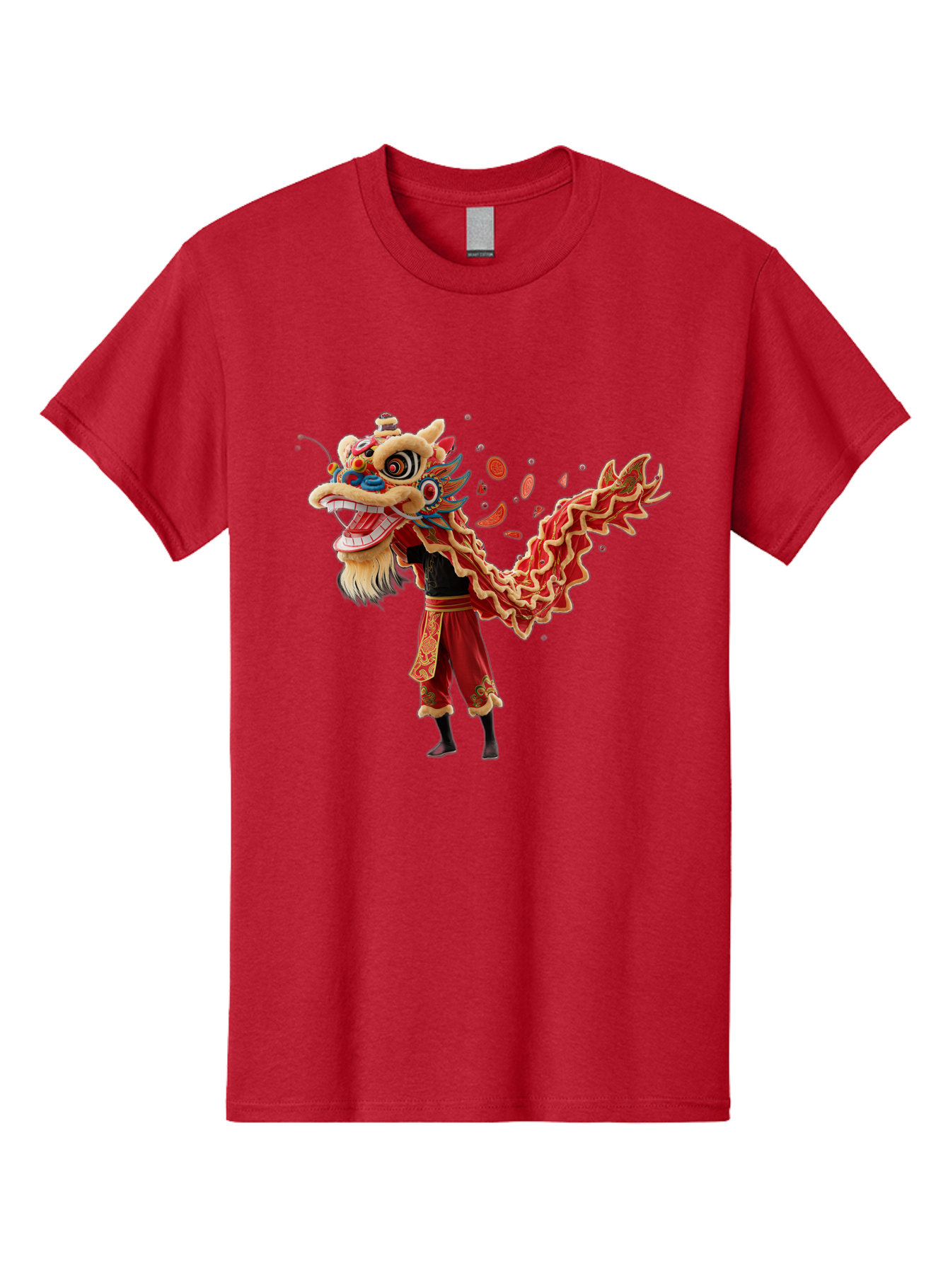 Dragon-Dance-Costume-1 Men'S Graphic Tee, 100% Cotton, Comfortable Casual Summer Wear, Machine Washable, Lion Dance Performance, Traditional Chinese Dance, Cultural Heritage, Vibrant Red Costume, Gold Accents, Festive Atmosphere, Baa552
