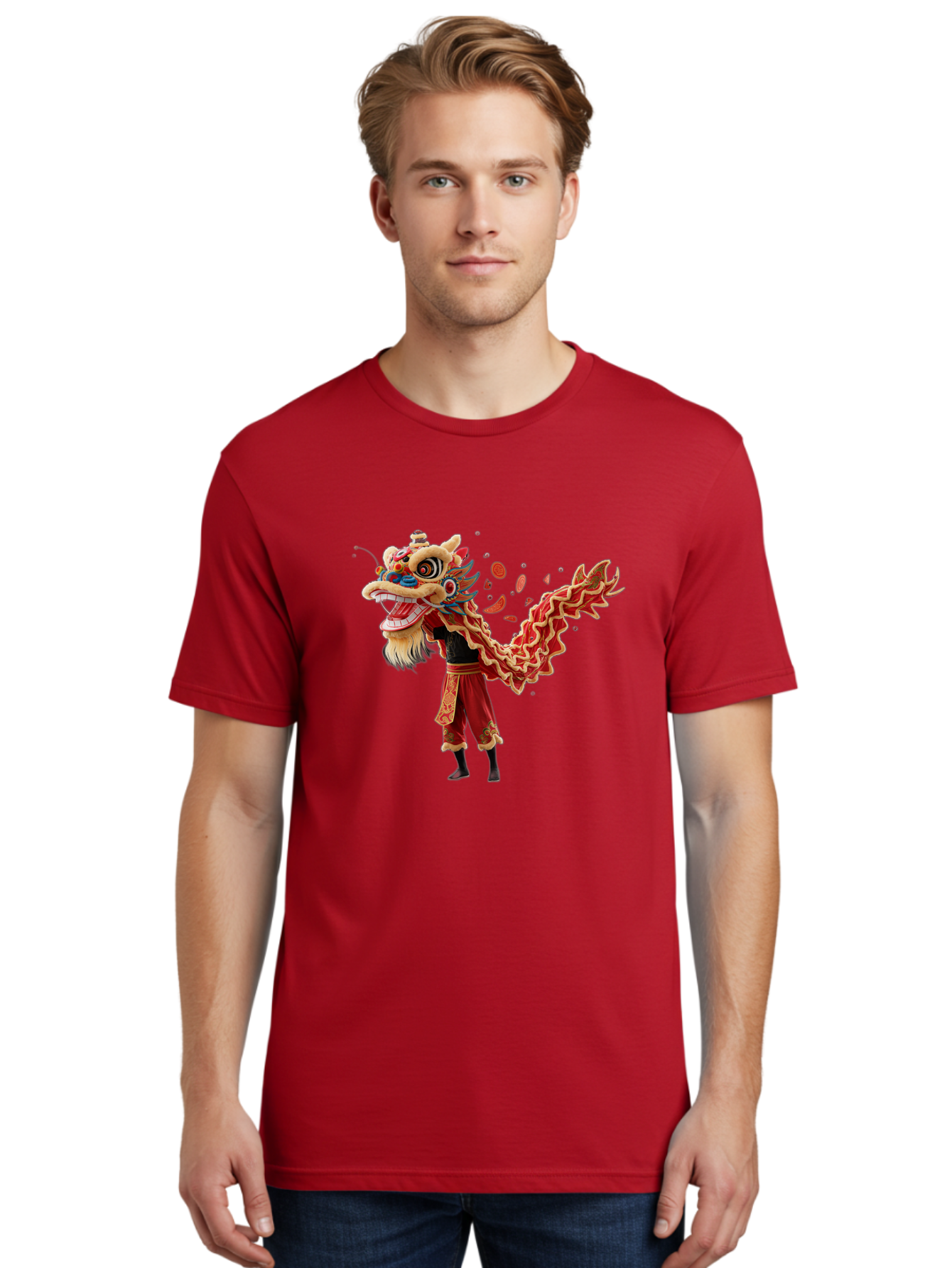 Dragon-Dance-Costume-1 Men'S Graphic Tee, 100% Cotton, Comfortable Casual Summer Wear, Machine Washable, Lion Dance Performance, Traditional Chinese Dance, Cultural Heritage, Vibrant Red Costume, Gold Accents, Festive Atmosphere, Baa552