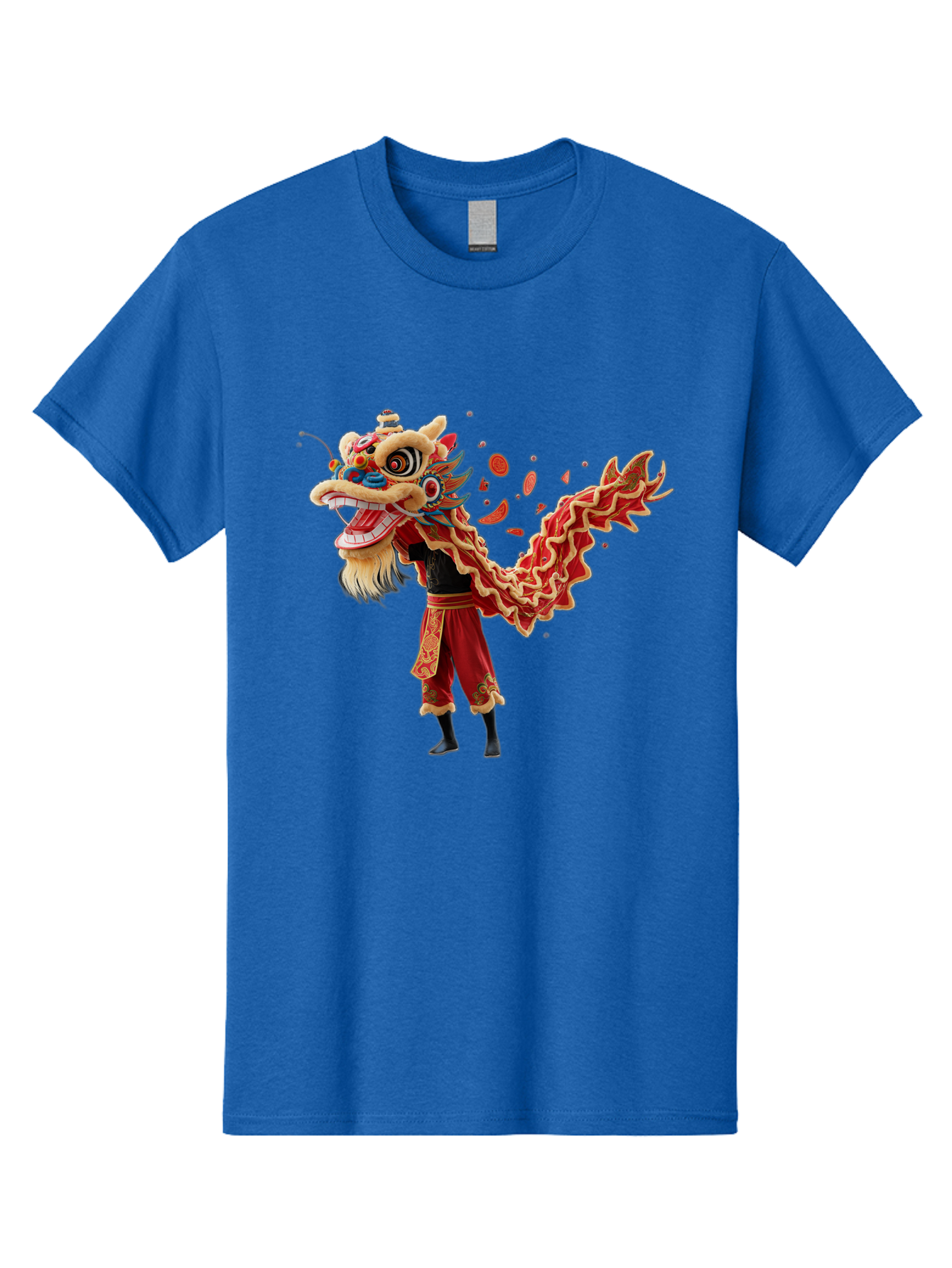 Dragon-Dance-Costume-1 Men'S Graphic Tee, 100% Cotton, Comfortable Casual Summer Wear, Machine Washable, Lion Dance Performance, Traditional Chinese Dance, Cultural Heritage, Vibrant Red Costume, Gold Accents, Festive Atmosphere, Baa552
