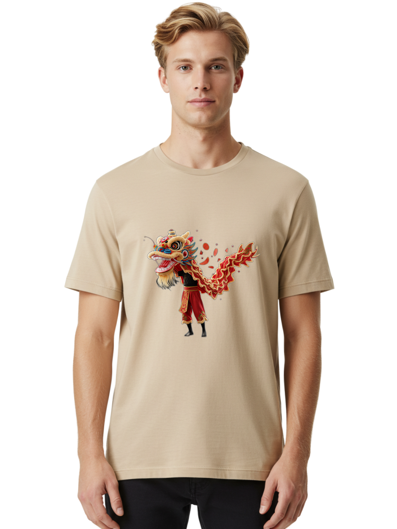 Dragon-Dance-Costume-1 Men'S Graphic Tee, 100% Cotton, Comfortable Casual Summer Wear, Machine Washable, Lion Dance Performance, Traditional Chinese Dance, Cultural Heritage, Vibrant Red Costume, Gold Accents, Festive Atmosphere, Baa552