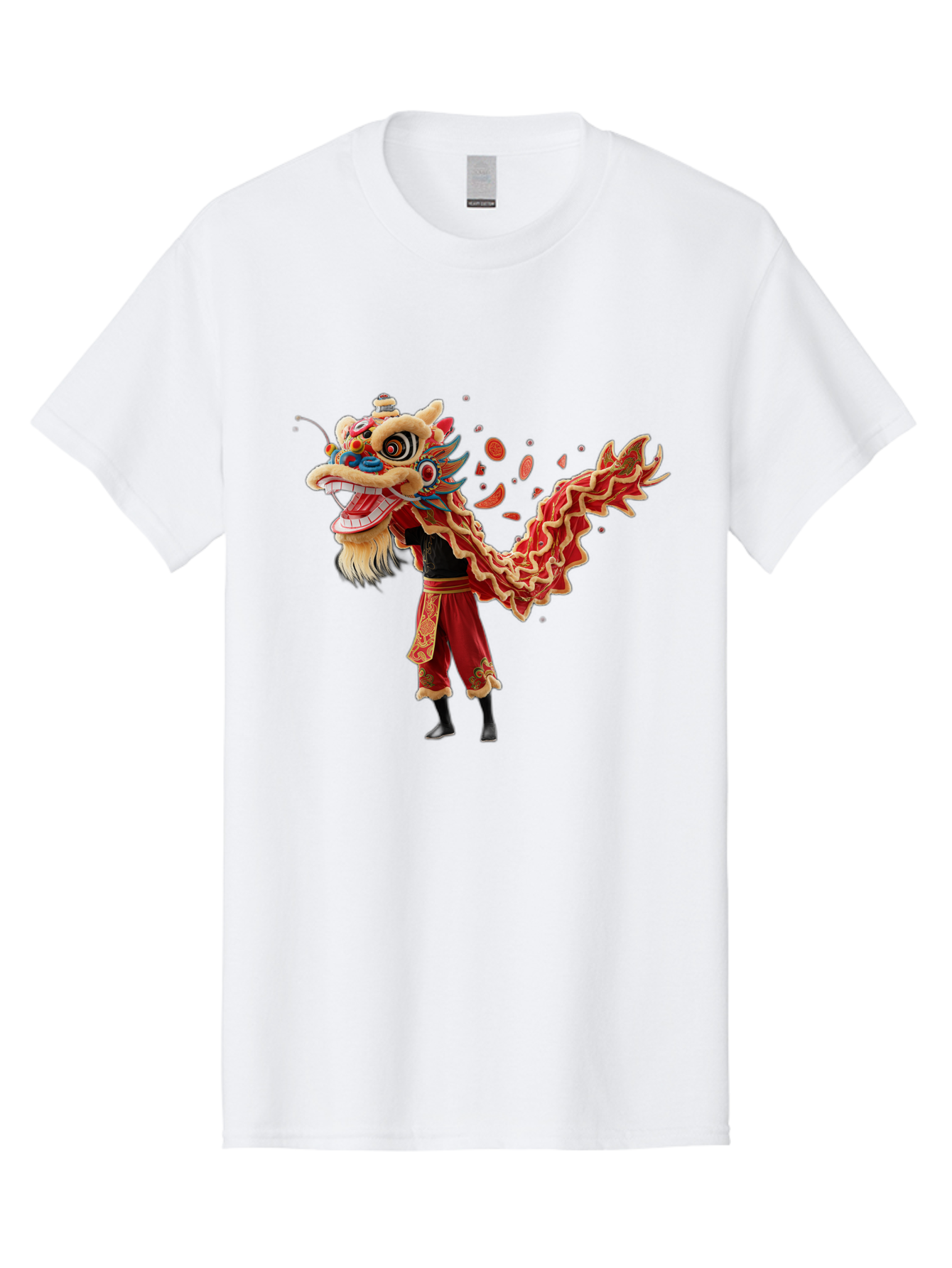 Dragon-Dance-Costume-1 Men'S Graphic Tee, 100% Cotton, Comfortable Casual Summer Wear, Machine Washable, Lion Dance Performance, Traditional Chinese Dance, Cultural Heritage, Vibrant Red Costume, Gold Accents, Festive Atmosphere, Baa552