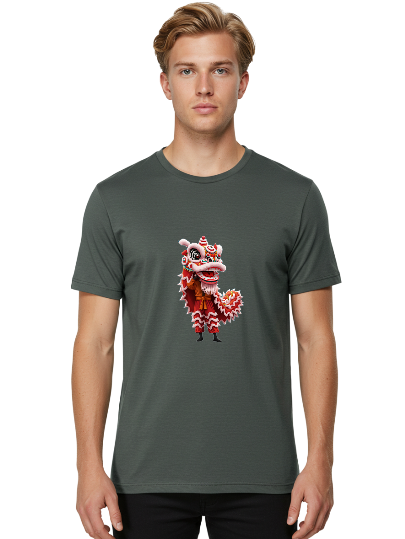 Dragon-Dance-Costume-3 Men'S Graphic Tee, 100% Cotton, Comfortable Casual Summer Wear, Machine Washable, Lion Dance Performance, Traditional Chinese Culture, Festive Atmosphere, Vibrant Colors, Cultural Heritage, Artistic Expression, Baa554