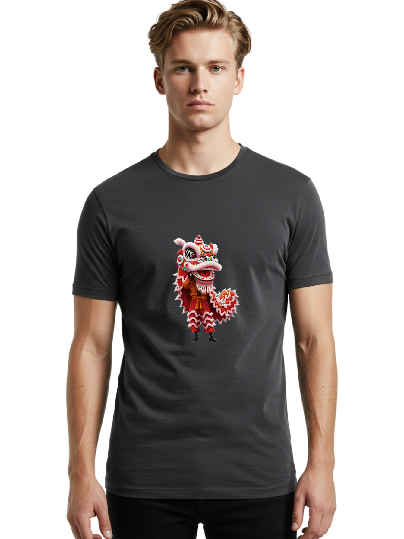 Dragon-Dance-Costume-3 Men'S Graphic Tee, 100% Cotton, Comfortable Casual Summer Wear, Machine Washable, Lion Dance Performance, Traditional Chinese Culture, Festive Atmosphere, Vibrant Colors, Cultural Heritage, Artistic Expression, Baa554