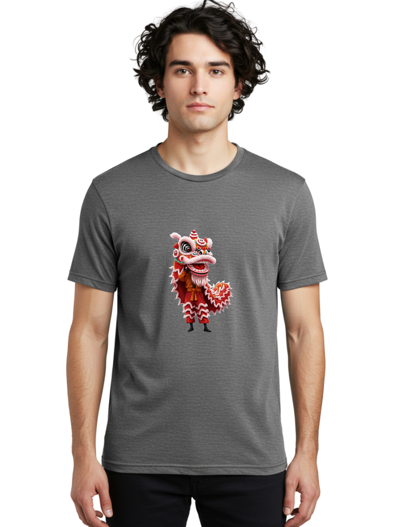 Dragon-Dance-Costume-3 Men'S Graphic Tee, 100% Cotton, Comfortable Casual Summer Wear, Machine Washable, Lion Dance Performance, Traditional Chinese Culture, Festive Atmosphere, Vibrant Colors, Cultural Heritage, Artistic Expression, Baa554
