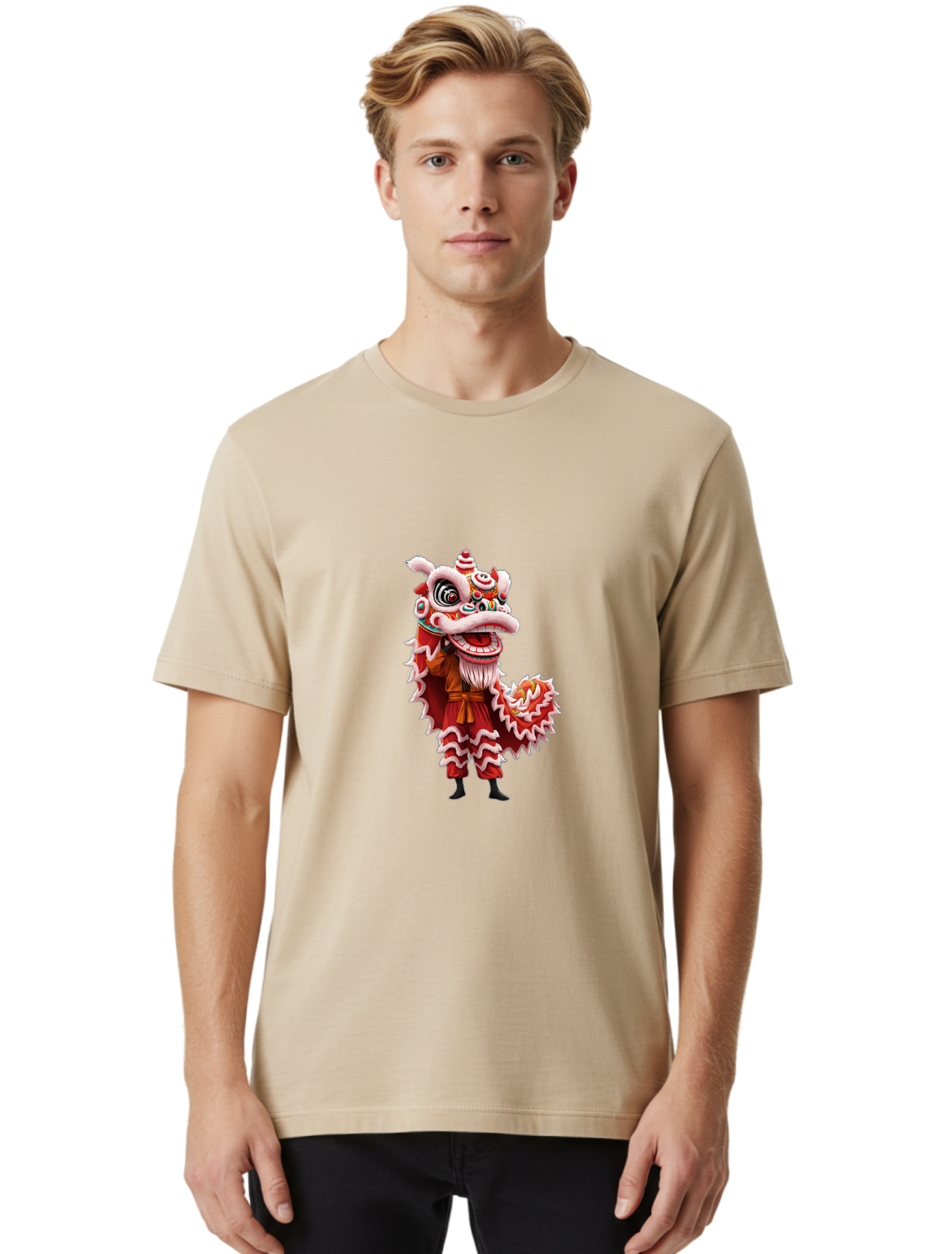 Dragon-Dance-Costume-3 Men'S Graphic Tee, 100% Cotton, Comfortable Casual Summer Wear, Machine Washable, Lion Dance Performance, Traditional Chinese Culture, Festive Atmosphere, Vibrant Colors, Cultural Heritage, Artistic Expression, Baa554