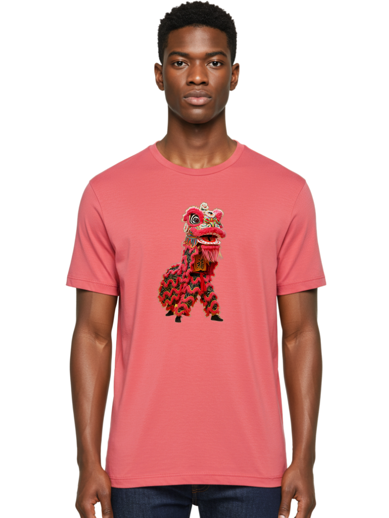 Dragon-Dance-Costume-4 Men'S Graphic Tee, 100% Cotton, Comfortable Casual Summer Wear, Machine Washable, Chinese Lion Dance, Traditional Costume, Vibrant Red Colors, Intricate Designs, Cultural Heritage, Festive Atmosphere, Lion Head, Baa555