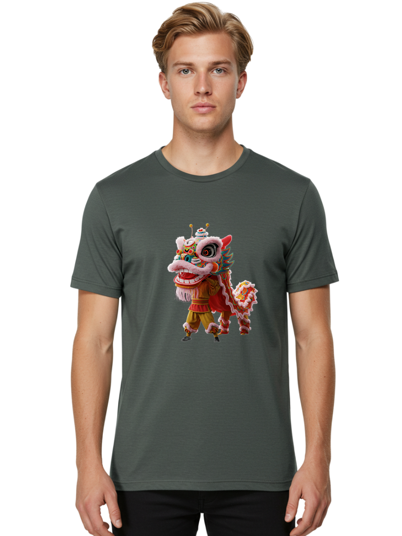 Dragon-Dance-Costume Men'S Graphic Tee, 100% Cotton, Comfortable Casual Summer Wear, Machine Washable, Lion Dance Costume, Traditional Chinese Dance, Vibrant Colors, Cultural Heritage, Festive Atmosphere, Mythical Creature, Chinese New Year, Baa556