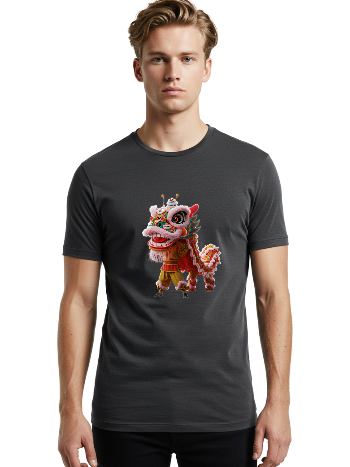 Dragon-Dance-Costume Men'S Graphic Tee, 100% Cotton, Comfortable Casual Summer Wear, Machine Washable, Lion Dance Costume, Traditional Chinese Dance, Vibrant Colors, Cultural Heritage, Festive Atmosphere, Mythical Creature, Chinese New Year, Baa556
