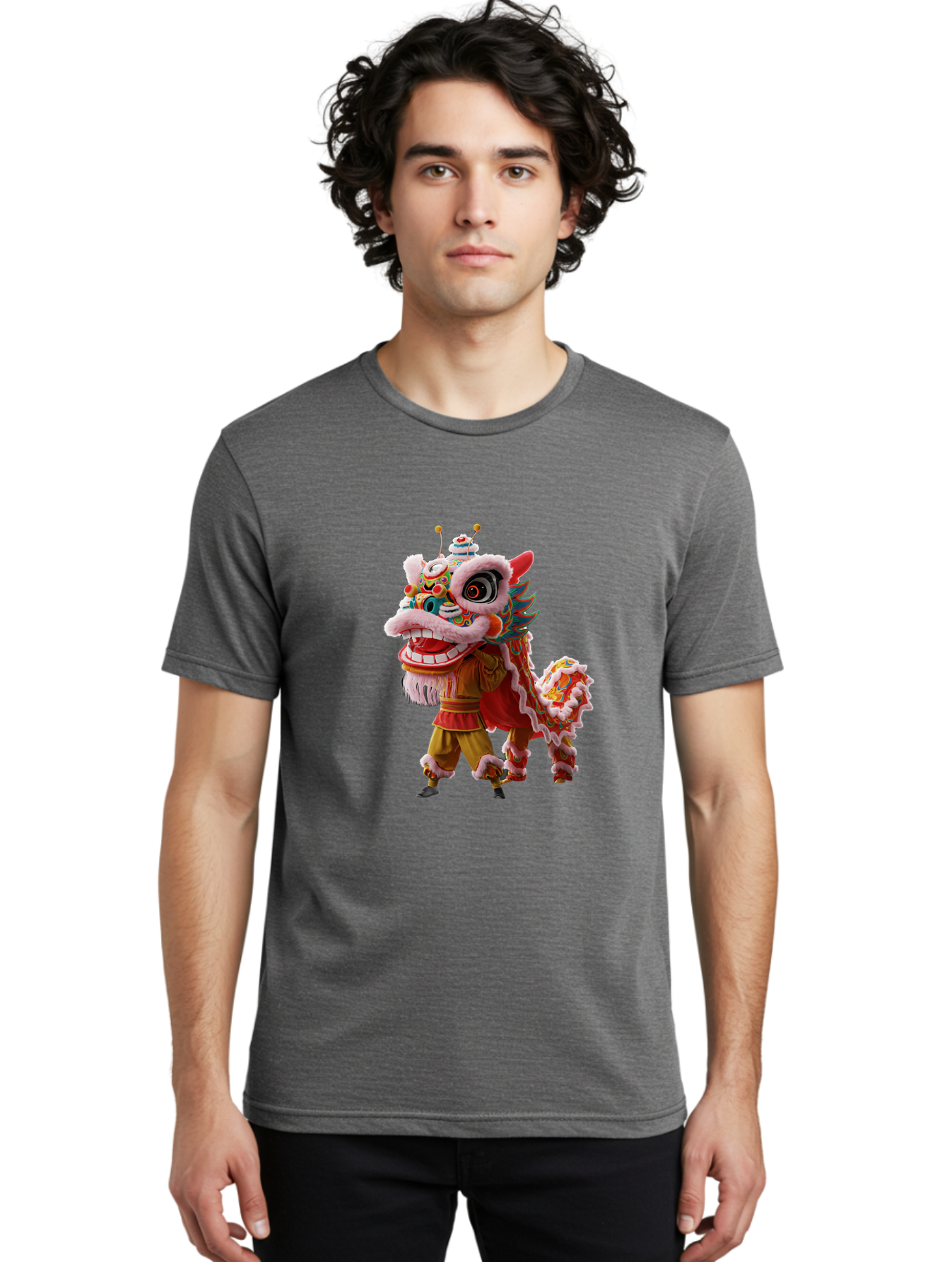 Dragon-Dance-Costume Men'S Graphic Tee, 100% Cotton, Comfortable Casual Summer Wear, Machine Washable, Lion Dance Costume, Traditional Chinese Dance, Vibrant Colors, Cultural Heritage, Festive Atmosphere, Mythical Creature, Chinese New Year, Baa556