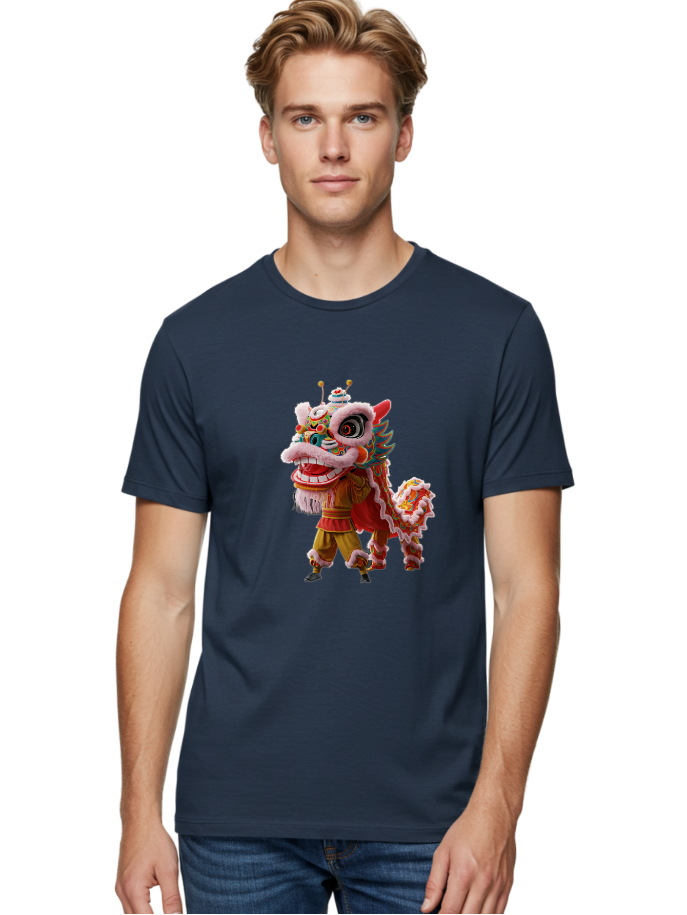Dragon-Dance-Costume Men'S Graphic Tee, 100% Cotton, Comfortable Casual Summer Wear, Machine Washable, Lion Dance Costume, Traditional Chinese Dance, Vibrant Colors, Cultural Heritage, Festive Atmosphere, Mythical Creature, Chinese New Year, Baa556