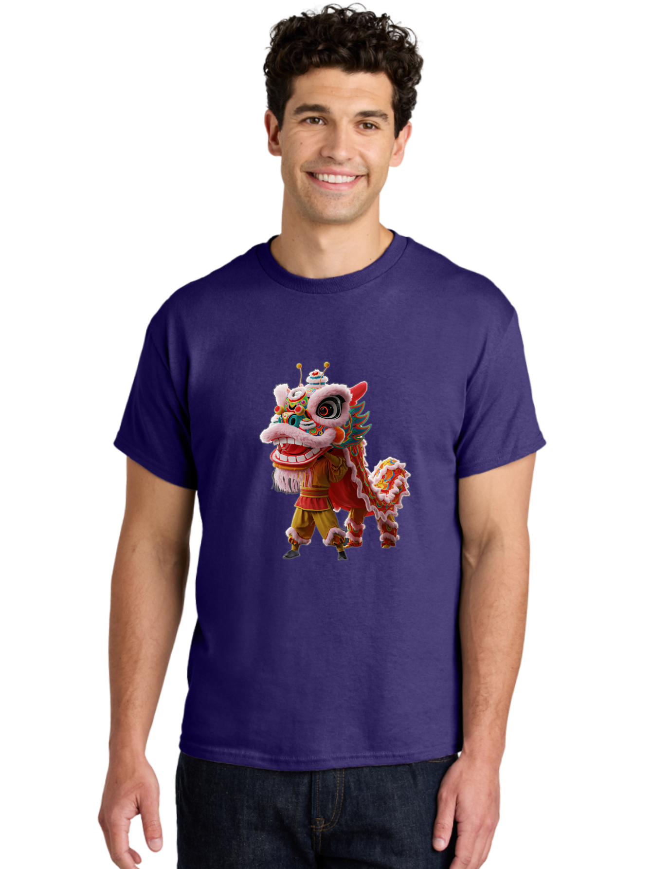 Dragon-Dance-Costume Men'S Graphic Tee, 100% Cotton, Comfortable Casual Summer Wear, Machine Washable, Lion Dance Costume, Traditional Chinese Dance, Vibrant Colors, Cultural Heritage, Festive Atmosphere, Mythical Creature, Chinese New Year, Baa556