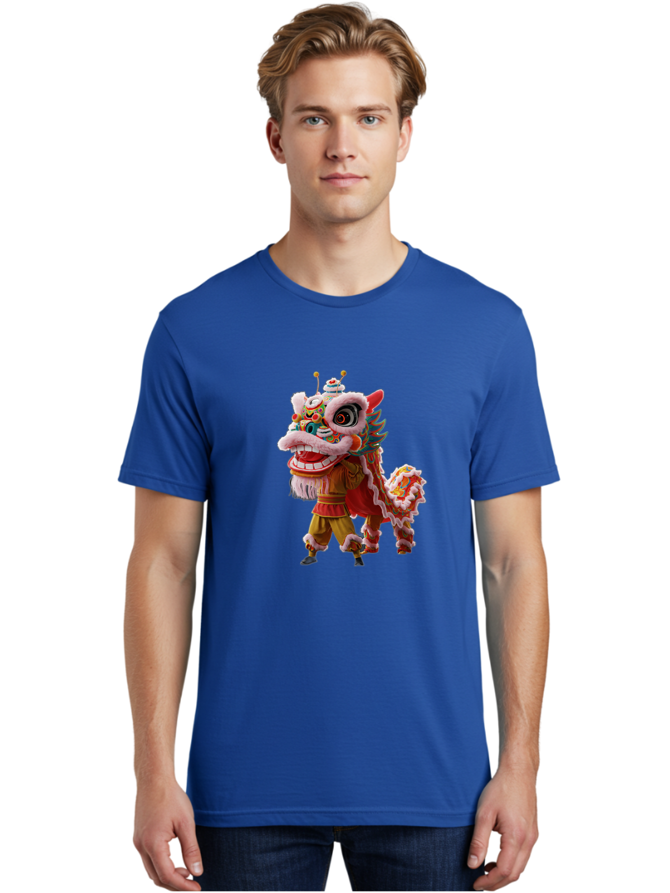 Dragon-Dance-Costume Men'S Graphic Tee, 100% Cotton, Comfortable Casual Summer Wear, Machine Washable, Lion Dance Costume, Traditional Chinese Dance, Vibrant Colors, Cultural Heritage, Festive Atmosphere, Mythical Creature, Chinese New Year, Baa556