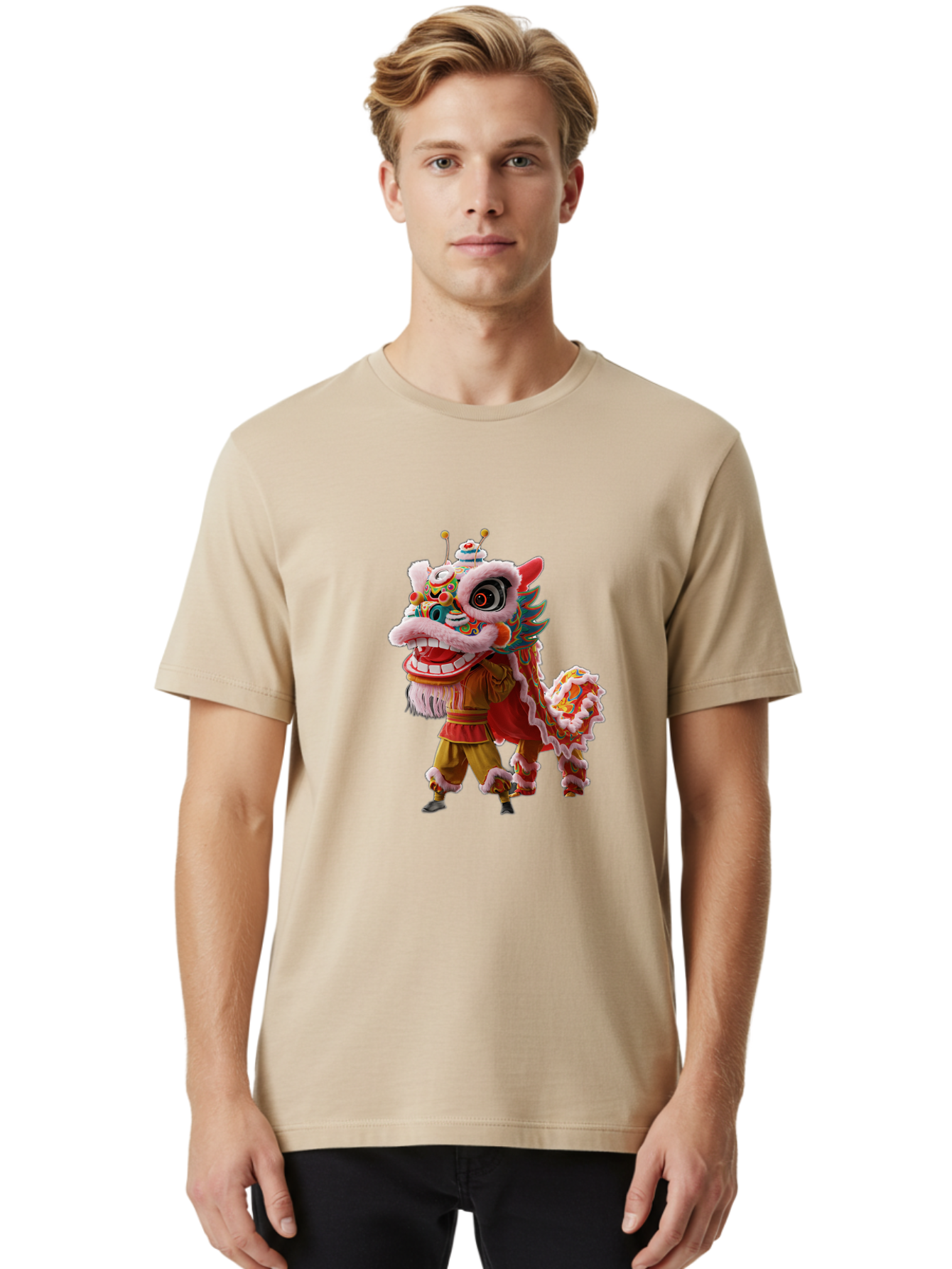 Dragon-Dance-Costume Men'S Graphic Tee, 100% Cotton, Comfortable Casual Summer Wear, Machine Washable, Lion Dance Costume, Traditional Chinese Dance, Vibrant Colors, Cultural Heritage, Festive Atmosphere, Mythical Creature, Chinese New Year, Baa556